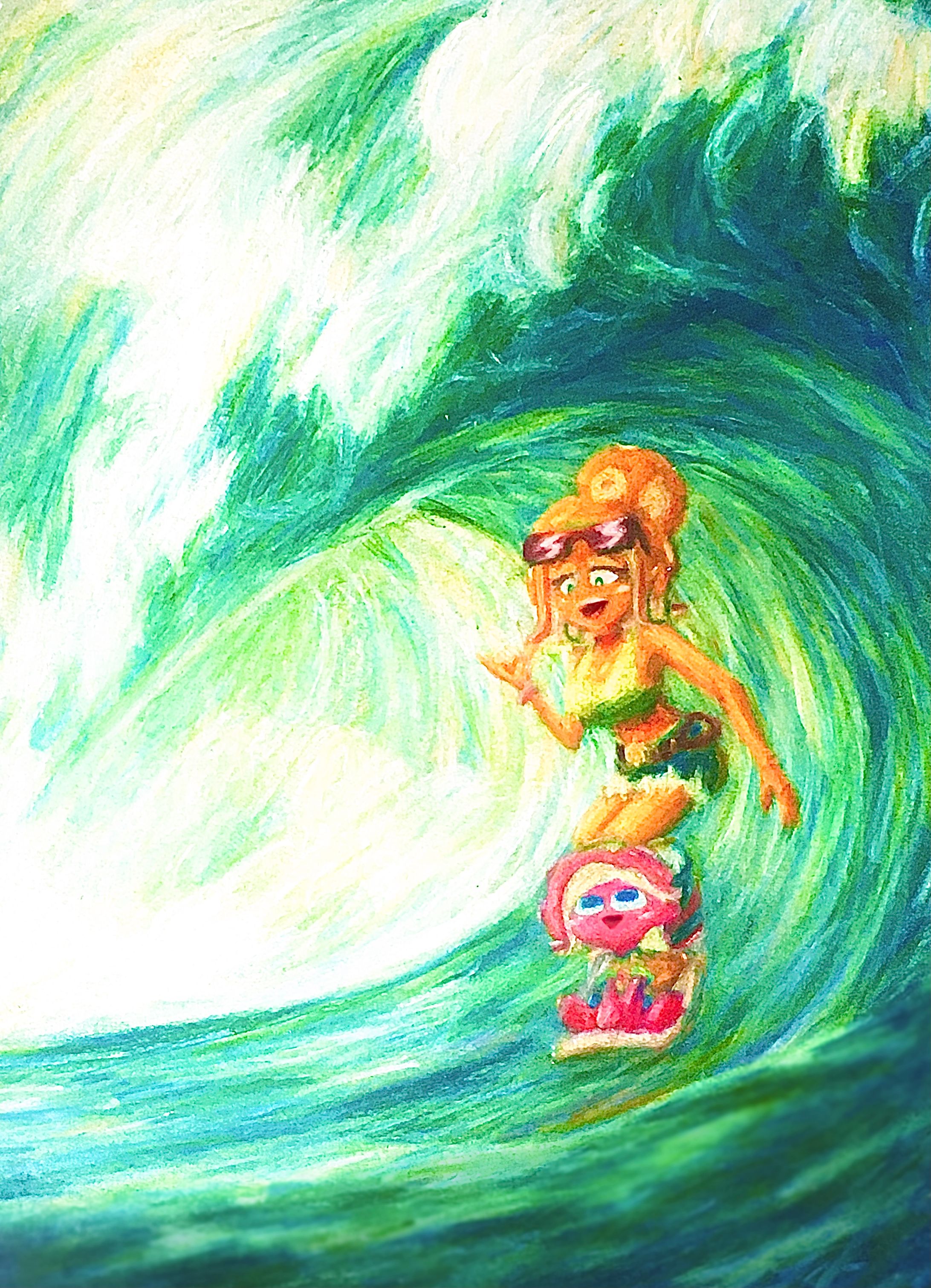 親子一緒に大波くぐって(創作)-1