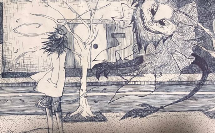 ペン画『風の強い日』（2009）『川遊び』（2023）