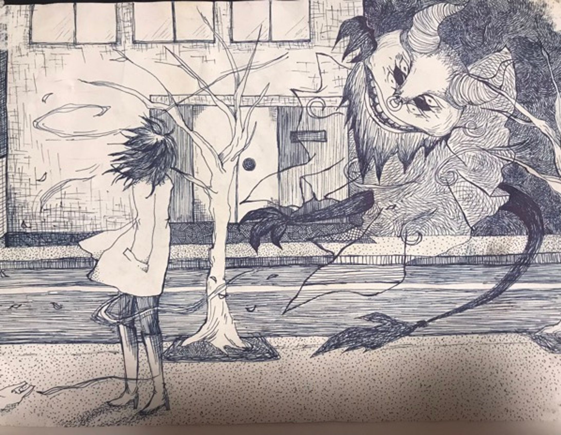 ペン画『風の強い日』（2009）『川遊び』（2023）-1