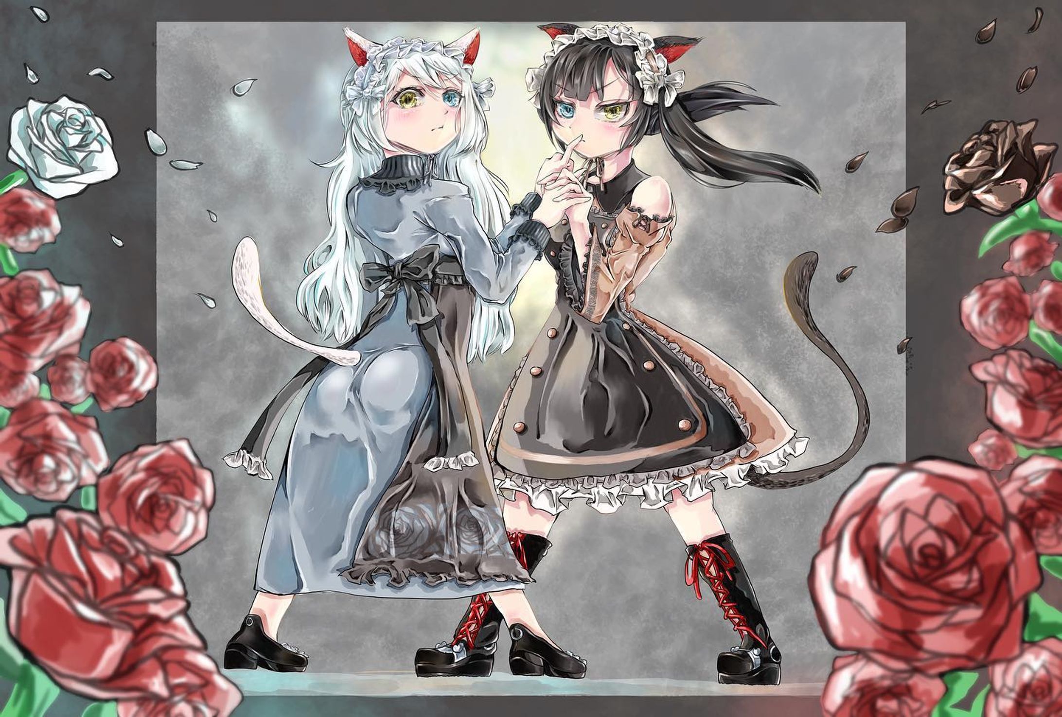 さえさん(@sae_nito )デザインのメイド姉妹、幸と守苑を描きました！！
2人で今まであらゆる困難を乗り切ってきた！というイメージで強い雰囲気で描いてます！
細かいギミックがモリモリなので是非拡大して見てみてね(画質死)

#illustration
#clipstudiopaint 
#maid-1