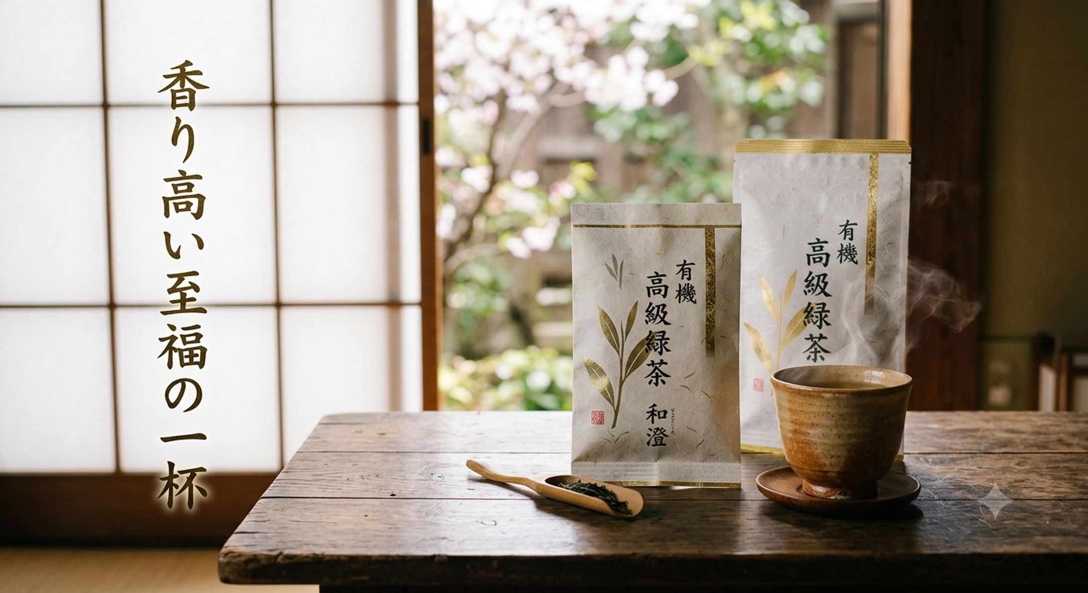 オーガニック高級緑茶 広告ビジュアル｜和モダンバナーデザイン-1