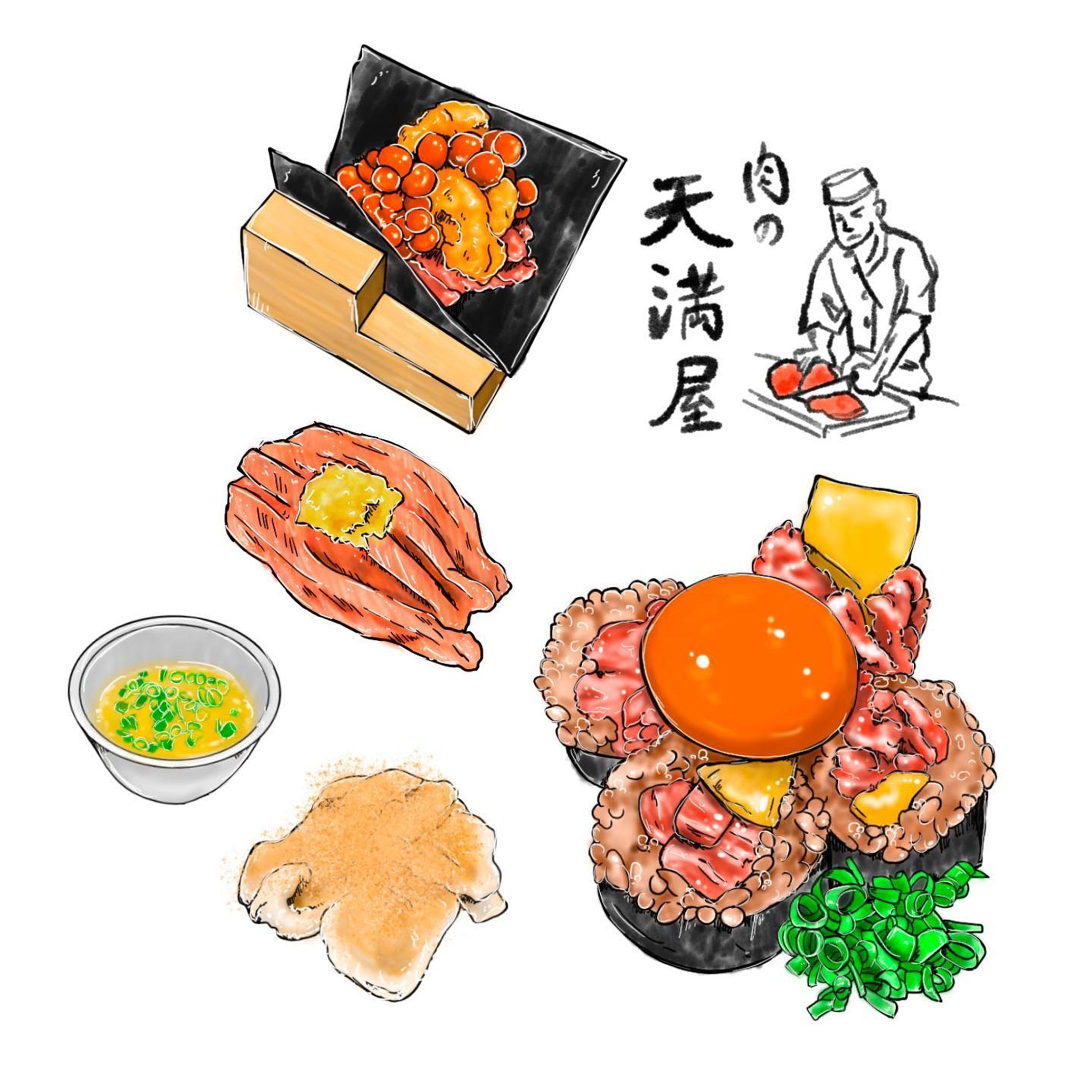 #大阪焼肉 
#大阪グルメ 
#大阪いらっしゃいキャンペーン 
#全国旅行支援 

肉の天満屋
📍大阪 ／ 梅田

ずっっっっと行きたかった
肉の天満屋さん😍💓

もう肉欲が激しかったので
ウハウハで向かいました🤤

☑️うにく
んぎゃ〜〜〜さいこう！！！
おいしすぎる！！！！
↑本当こんな感じ笑

雲丹も全然食べてなかったから
胃に染み渡りまくり😍

☑️肉寿司
やわらか〜〜！そしてさっぱり！
一口でパクッと食べて
すぐなくなっちゃうから
もう一貫頼みたくなっちゃう旨さ

☑️たくあんとお肉の巻き寿司
美味しすぎて
名前控えるの忘れちゃった😭

これ本当にうまい！！！！

たくあんの歯応えと甘さが
お肉たちを引き立てて
濃厚な黄身でトロォっと絡めるの最高
もう一皿注文すれば良かったと本気で思った🤣w

☑️レバー
やっぱり焼肉屋にいったら頼んじゃうんだよね☺️
濃厚トロリ系！最高〜〜！

☑️塩牛タン
塩味がキリッと染み渡るネギに牛をつつんで😍ウマ‥

☑️おすすめカルビ
柔らかめの甘みがあるカルビ！
脂多めなのでご飯に乗っけたら最高にうましの予感😍

☑️トロてっちゃん
え？！まって洗う？！どういうこと🤣

味噌とんちゃんと塩とんちゃんで育った私は
斬新すぎてドキドキしながら注文！

な〜〜〜！！！！！
ってなりました😂
たぶん、なるほどな！の「な」

まず、プリプリのホルモンの旨みはもちろんのこと、
ホルモンにかかってるお塩（？）で
バランスがよくてこの洗うお出汁というやつが
さらにスッキリさを演出！

どうしても肉料理って濃厚寄りになりがちだから
こういうザ・さっぱりってかなり嬉しいかも🤩

いや〜〜〜美味しすぎた😍

リピート間違いないお店！

全国旅行支援でクーポンが発行されてたので
本気の注文してました🤣

お酒、一杯しか飲んでないのに
六千円→クーポン適応で3千円前後くらい🤣

ご馳走様でした〜🥳🥳

#焼肉 #肉寿司 #肉 #関西焼肉 #うにく #ホルモン #てっちゃん #イラスト #食べ物イラスト #イラストグラム #イラスト好きな人と繋がりたい #yakiniku #horumon #oosaka #tenma #sushi #illustration #food #delicious #foodstagram-1