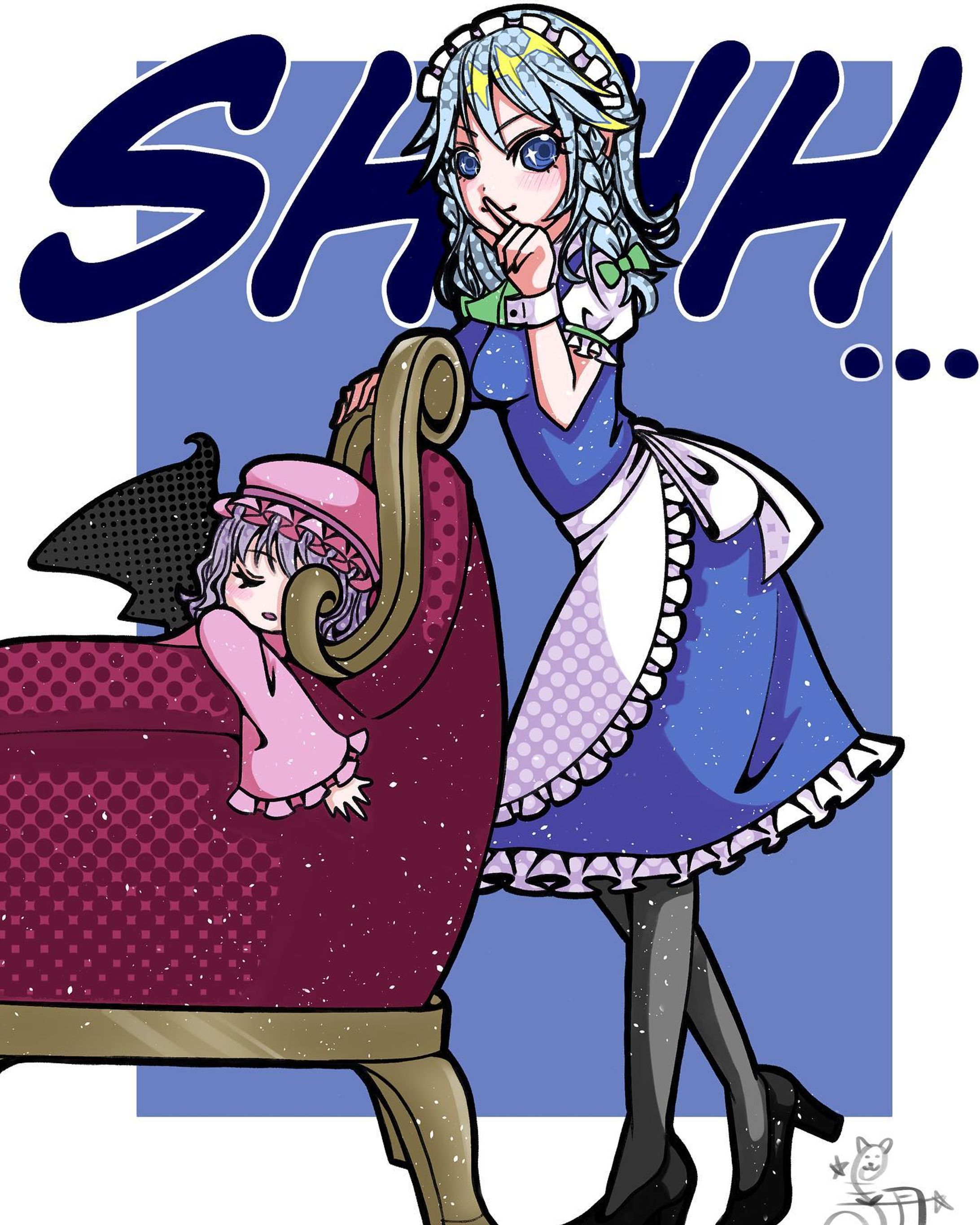 Shhh...
#十六夜咲夜 
#メイド
#レミリア
#紅魔館
#東方Project
#イラスト好きな人と繋がりたい 
#絵描きさんと繋がりたい-1