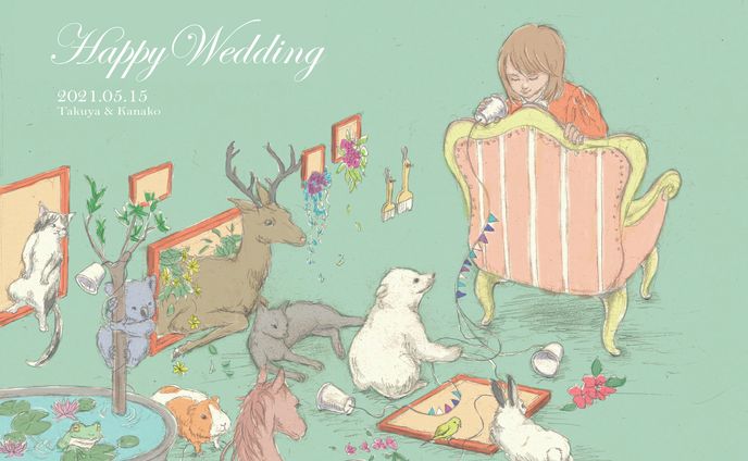 結婚祝いのための絵本の挿絵とポストカード