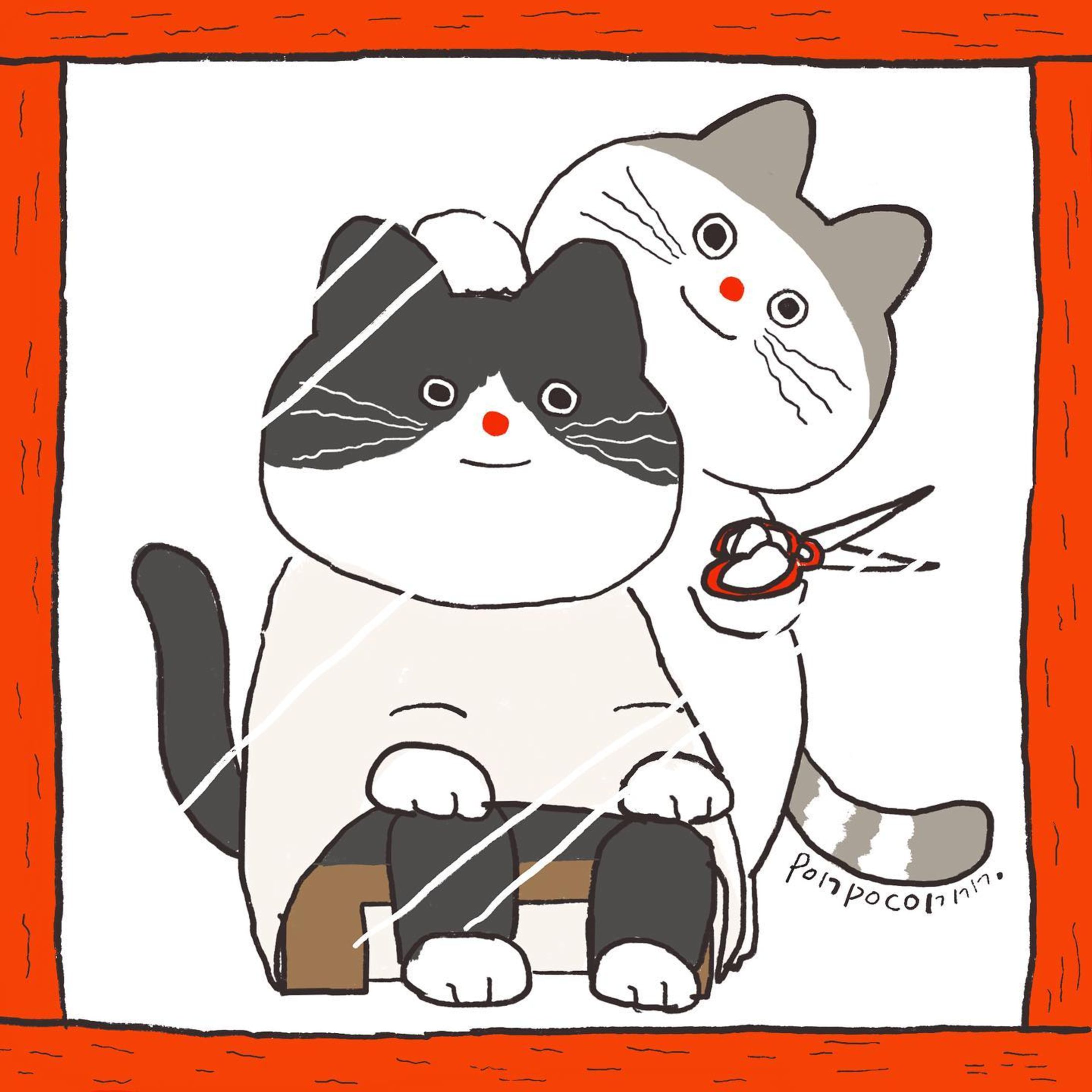 ♪「きょうは　どうしますか？」

「えと、のびてきちゃったんで
　ちょっと切って　おにいさんみたいな
　かみがたに　したいです。」

「パッツンいきますか？」

「はい！」　

「いいですね(^^)」

「あっ、それか、トラねこ？
　しましまみたいな？あーゆうのも
　ちょっと　あこがれますよね〜」

「あ、トラ柄ーいいすね！
　はやってますもんね！」　

「でも似合うか自信ないんで、
　やぱ　今日は　パッツンで！」

「わかりました　パッツンでいきましょ〜(^^)」

「おねがいしまーす(^^)」

🍏さいきんサインかくの
忘れてたわぁ…(^^)

#ぽっちゃり猫#イラストグラム #イラストレーターさんと繋がりたい #fatcat #挿絵#アート#アートワーク#イラストレーション #絵描きさんと繋がりたい #art#artwork#illust#illustration#illustrator#catillustration#painting #drawing #シンプルイラスト#ねこ好きさんと繋がりたい#ゆるいイラスト #線画イラスト#ぽんぽこん
#にゃんすたぐらむ#catstagram
#ぱっつん前髪 #床屋さん-1