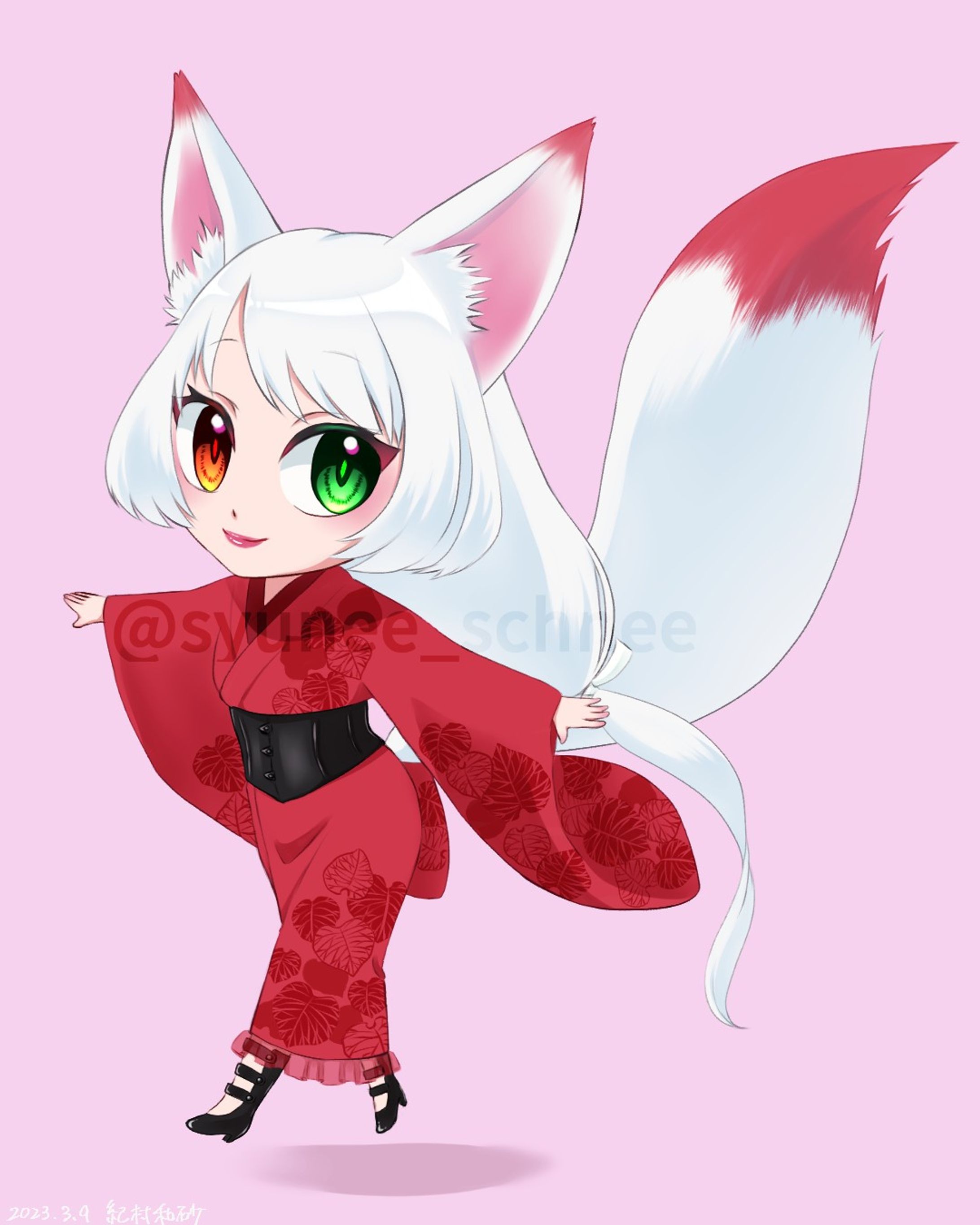 この前あげた双子ネコちゃんのお友達設定のオリキャラ白狐ちゃん💖このオッドアイの組み合わせも好きなんです🥰葛葉文様も頑張って描いたので見ていただけると嬉しいです！
＊ポージングは季月エルさん（TwitterID:kiduki_L_size）のフリー素材を参考にしています。

#狐 #白狐 #きつね #着物 #オッドアイ #デジタルイラスト #デジタルアート #女の子 #女の子イラスト #オリジナルキャラクター #オリジナルキャラクターイラスト #originalcharacter Character #oc
 #fox #whitefox #kimono #kimonostyle #digitalillustration #digitalart #dogotalartist #illustration #illustrator #illustrationartists #wacom #cintiq #cintiq13hd-1