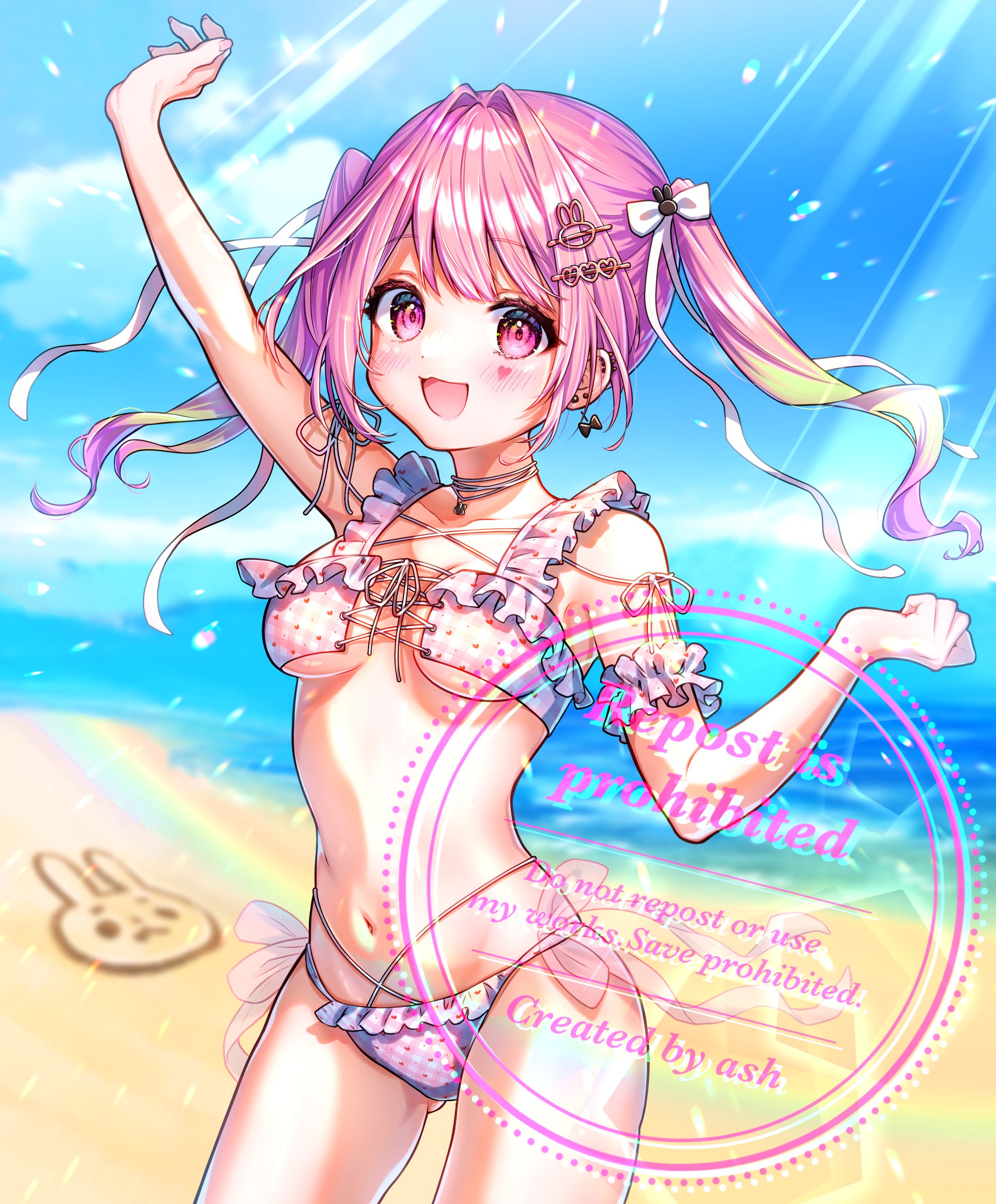 ピンク水着の美人キャラクター色鉛筆画 兎病ノエル様 水着イラスト