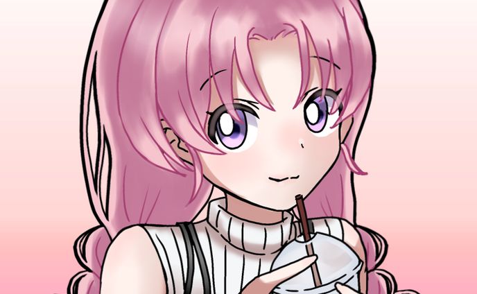 フリーアイコン　ピンク髪女の子　ミルクティー