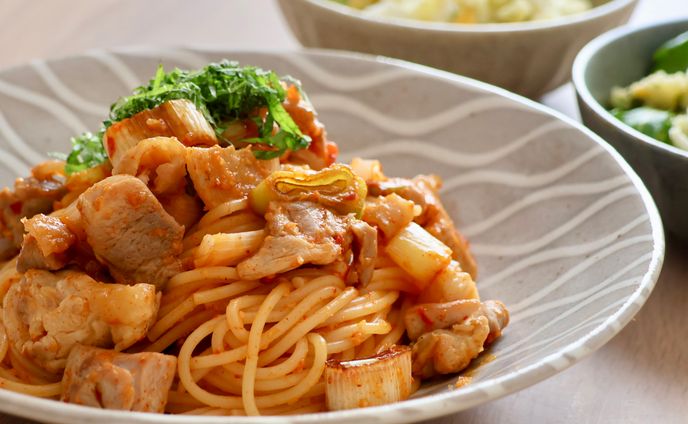 鶏肉と長ねぎのピリ辛パスタ