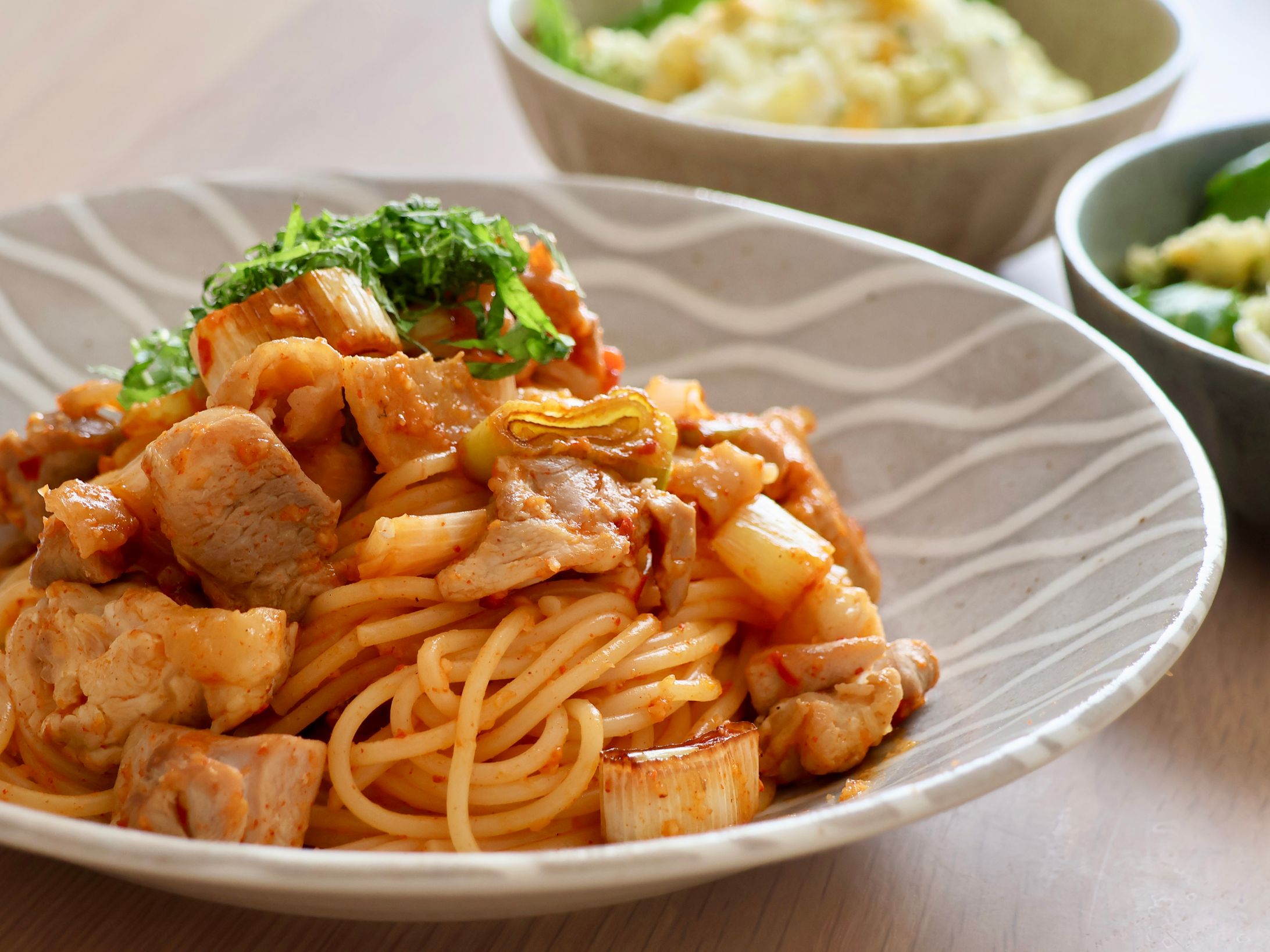 鶏肉と長ねぎのピリ辛パスタ-1