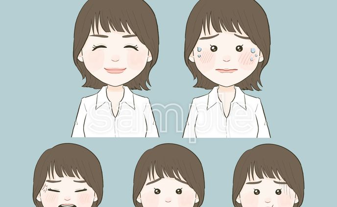 女性表情パターンイラスト