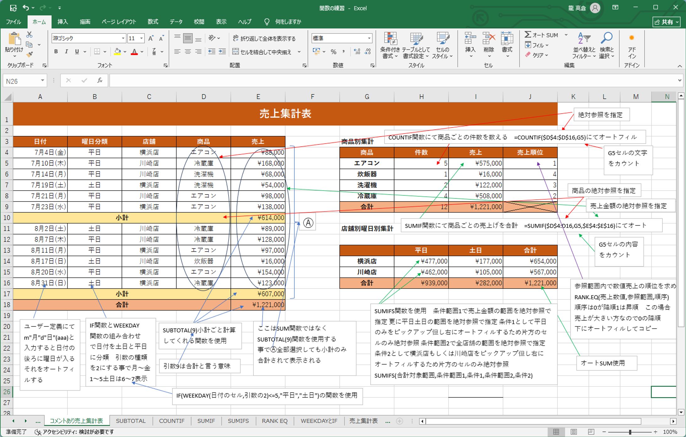 エクセル関数の売上集計表-1