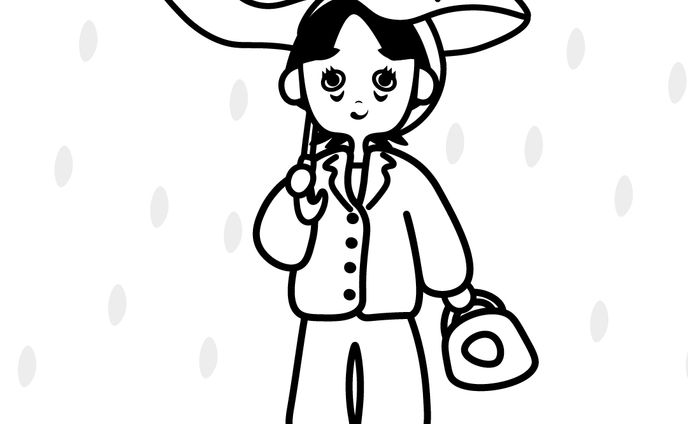 女の子と猫。モノクロ