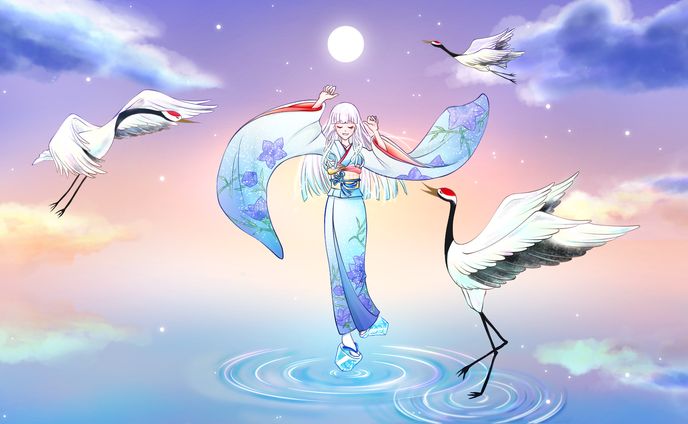 依頼絵、着物、鶴 