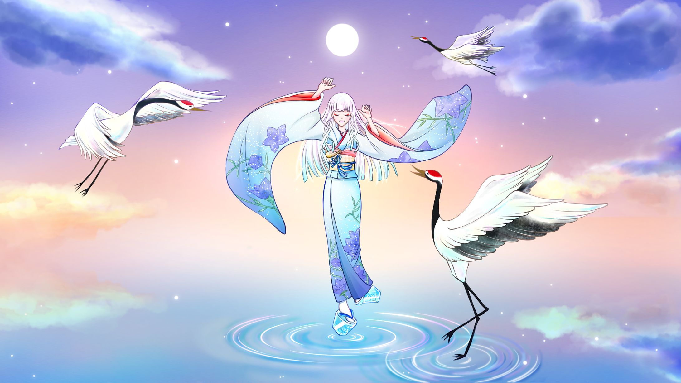 依頼絵、着物、鶴 -1