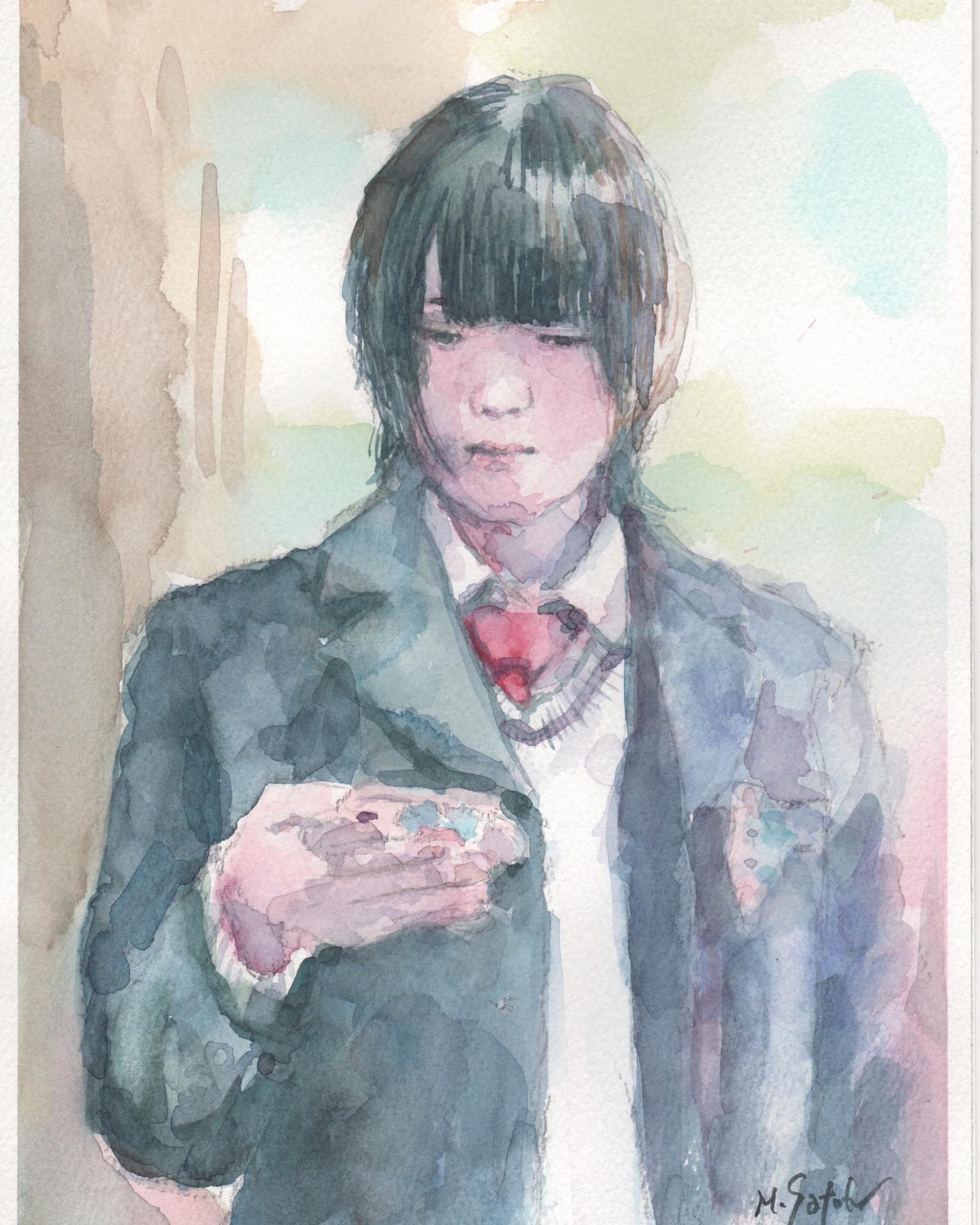 「春を待つ」
透明水彩　ohuhu水彩紙　A4

#透明水彩 #透明水彩画 #水彩画 #高校入学 #制服 #人物画 #絵画 #watercolor #watercolorpainting #portrait #figurepainting #enteringhighschool-1