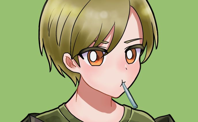 フリーアイコン　男の子　茶髪　迷彩柄　飴を食べている