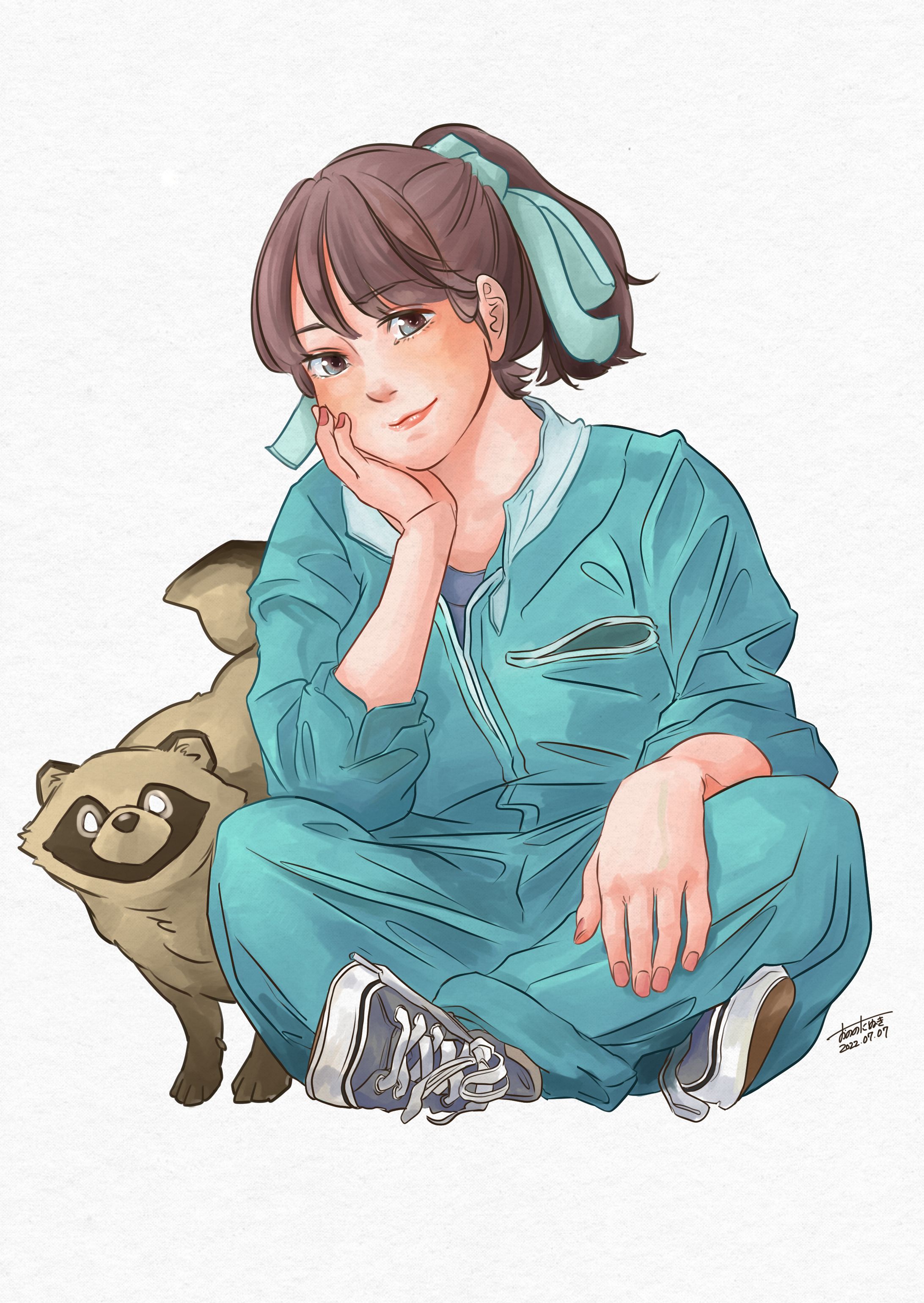 つなぎの女の子とたぬき-1
