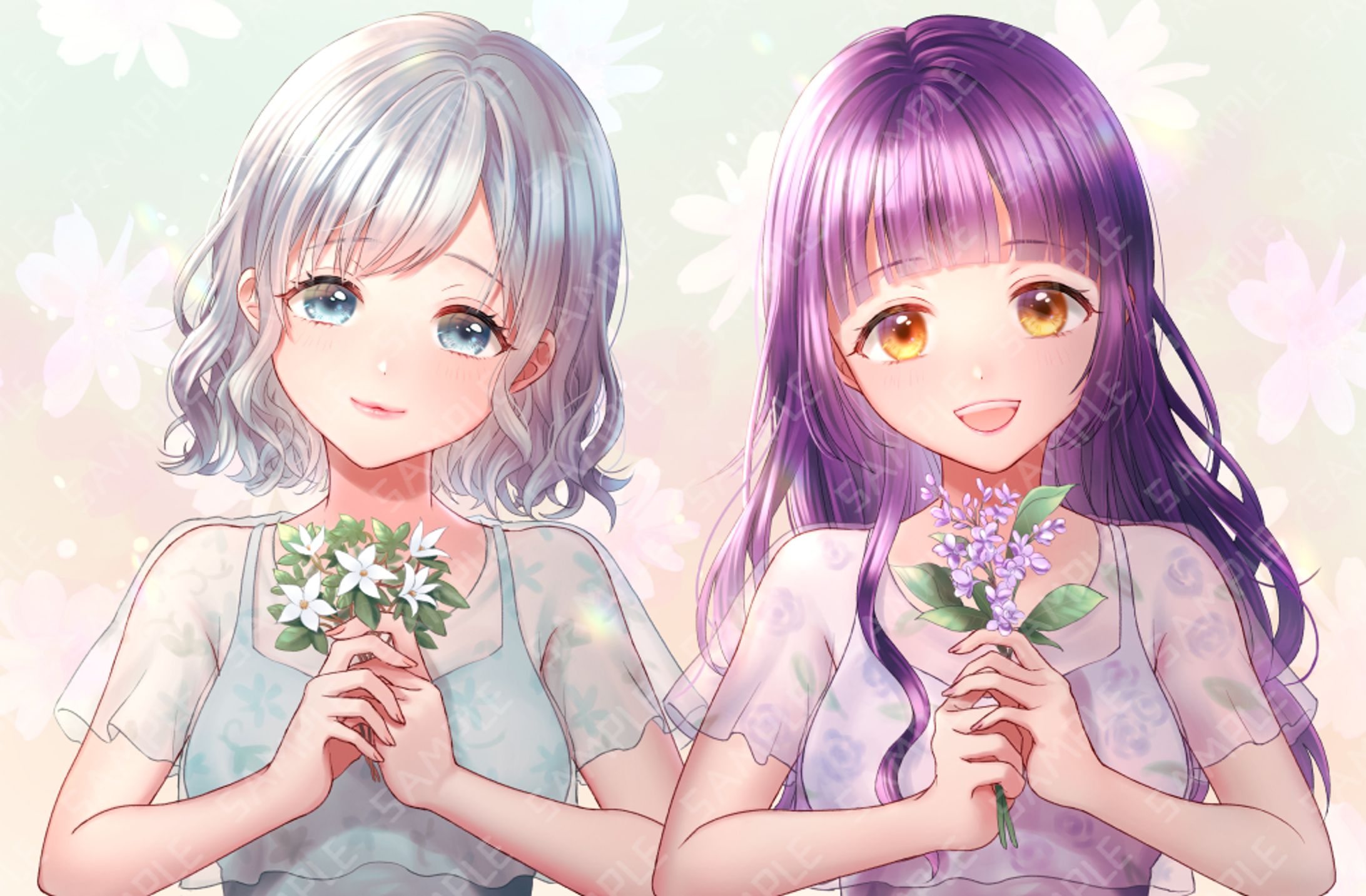 ペア画　花と女の子-1