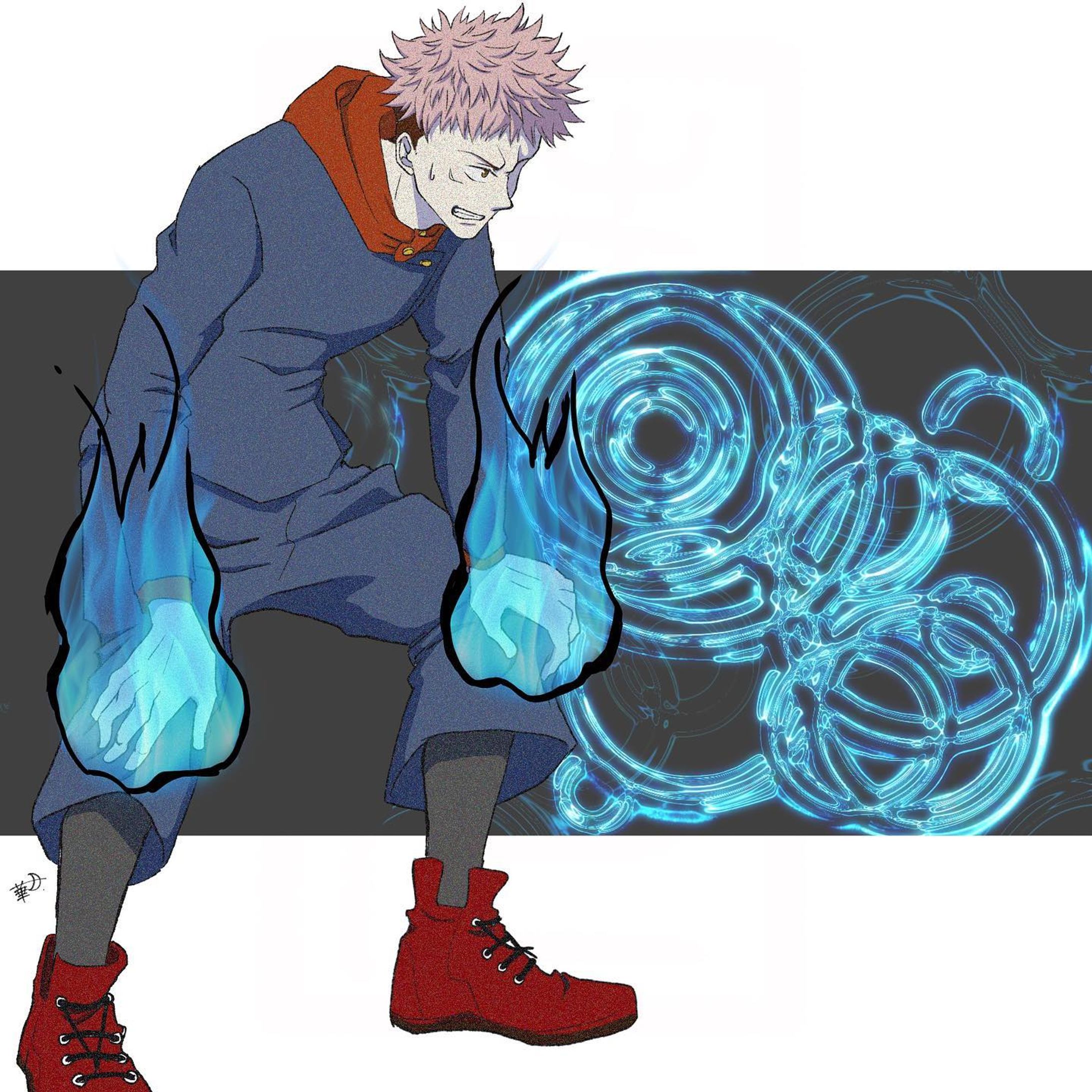 昨日Twitterに上がっていたポーマニさんのポーズをお借りしました。
背景とエフェクトは素材です。
誤魔化してみたけどやっぱり違和感が抜けないのでトレスして併せてみたのが2枚目です…まだまだ修行が必要です( ˇωˇ )
 #呪術廻戦イラスト 
 #呪術廻戦ファンアート 
 #jujutsukaisenfanart 
 #イラスト 
 #illustration 
 #虎杖悠仁イラスト 
 #虎杖悠仁推し 
 #虎杖悠仁が可愛い 
 #yujiitadori-1