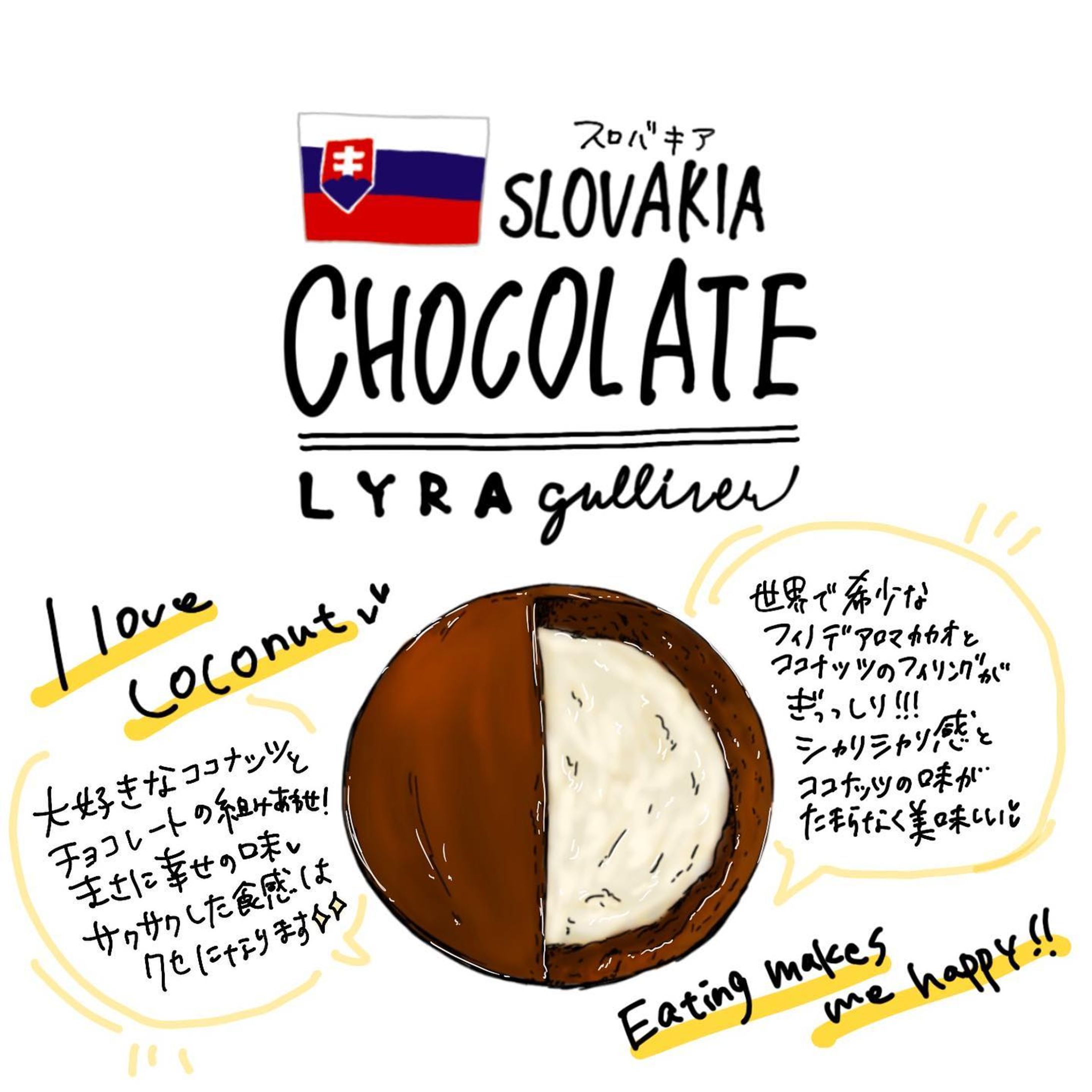 #チョコレート 
#フェリシモ 
#フェリシモチョコレートミュージアム
#chocolate 
#felissimo
#felissimochocolatemuseum
#フェリシモチョコレートミュージアム

@buyer_miri 
@felissimochocolatemuseum 

世界中を飛び回り、チョコレートバイヤーみりさんが見つけた
地元の人々に愛されているとびっきりのチョコレートたち！

第二弾は
ココナッツチョコレートボール🥥🍫

#slovakia 
#lyra 

まって #スロバキア 
って何処ですか🤣
中央ヨーロッパ！初めて知る国！

もうココナッツと書いてある時点で
美味しいやつ！！！！とワクワク感は最大値に😍

包み紙を剥がすとそこにはまんまるのココナッツチョコレートボールが！！
（これ‥専用チョコレートナイフ買いたい笑）

ワクワク感をさらに超えて、
チョコレートの優しい甘さと
ココナッツの味、サクサク感が
口いっぱいに広がり

お　い　し　い　💓

これも買わなきゃ‥と速攻で思いました🤣もはや使命感🤩

世界で生産量5%しかない
#フィノデアロマ のカカオを使用

なんと希少なカカオ！
私も明確にチョコレートの違いがわかるようになりたいな〜😍

ココナッツ好きにはどハマりするチョコレートちゃん🍫
個人的にイチオシでした😍

#coconut #chocolat #beantobar #valentineday #whiteday #illustration #ココナッツ #ココナッツチョコ #チョコレート好きな人と繋がりたい #甘いもの好きな人と繋がりたい #ご褒美 #バレンタインデー #ホワイトデー #幸福のチョコレート #スロバキア旅行 #カカオ #お絵かき #イラスト #海外旅行 #gulliver-1