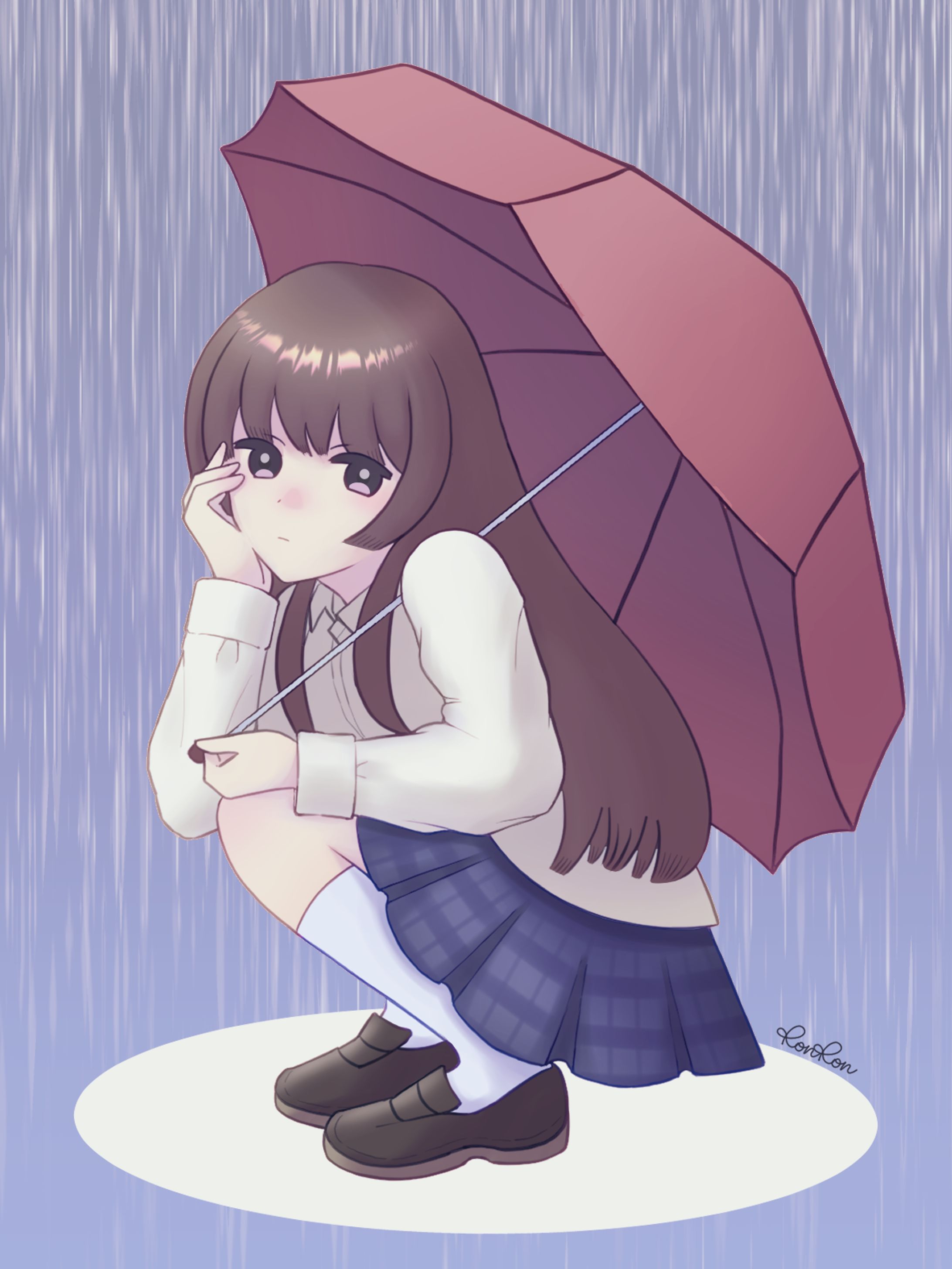 傘をさしてしゃがんでいる女の子-1