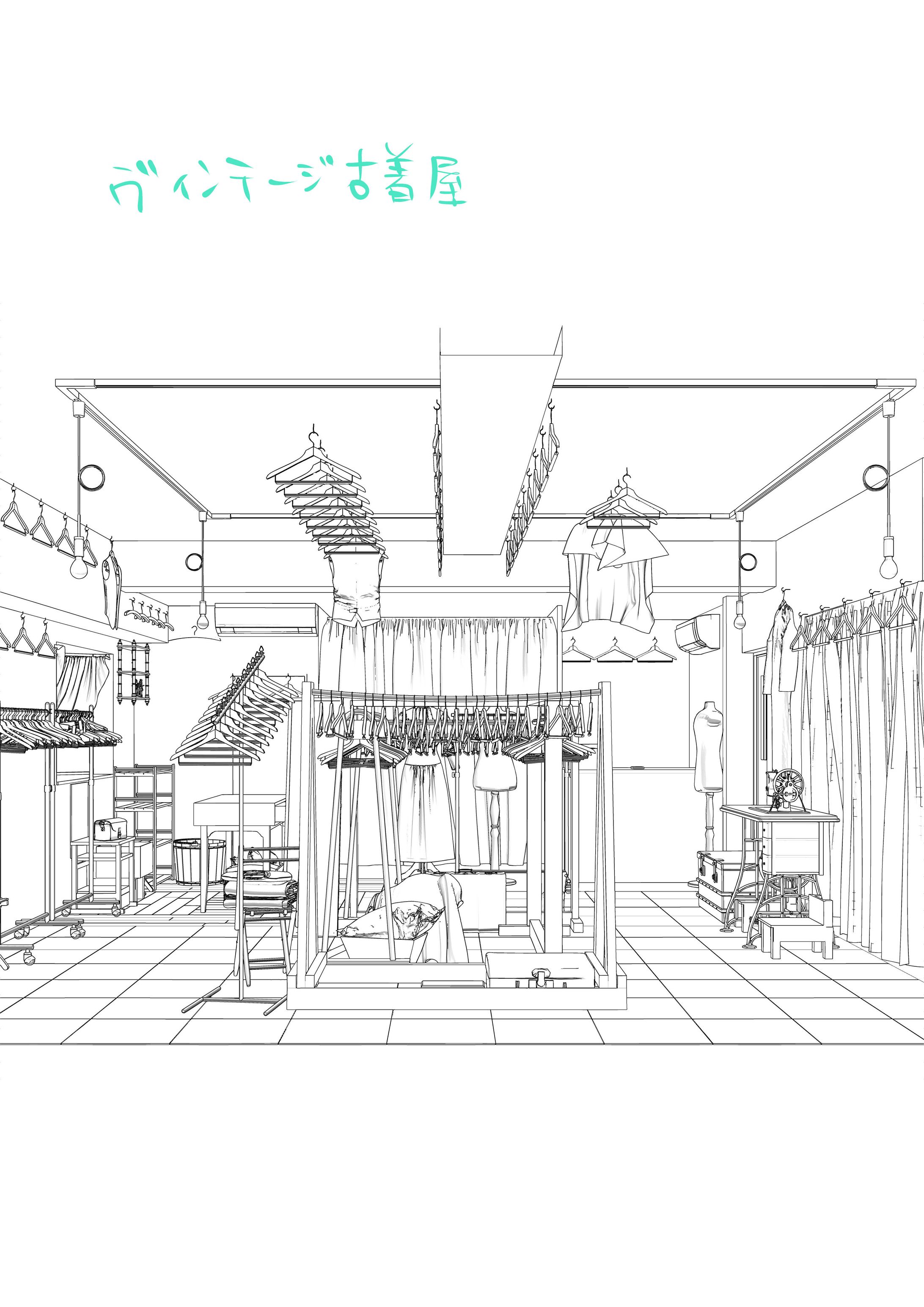 「ヴィンテージ古着屋」漫画背景用3Dモデル-1