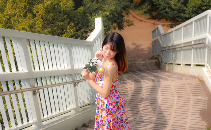 In a flower dress