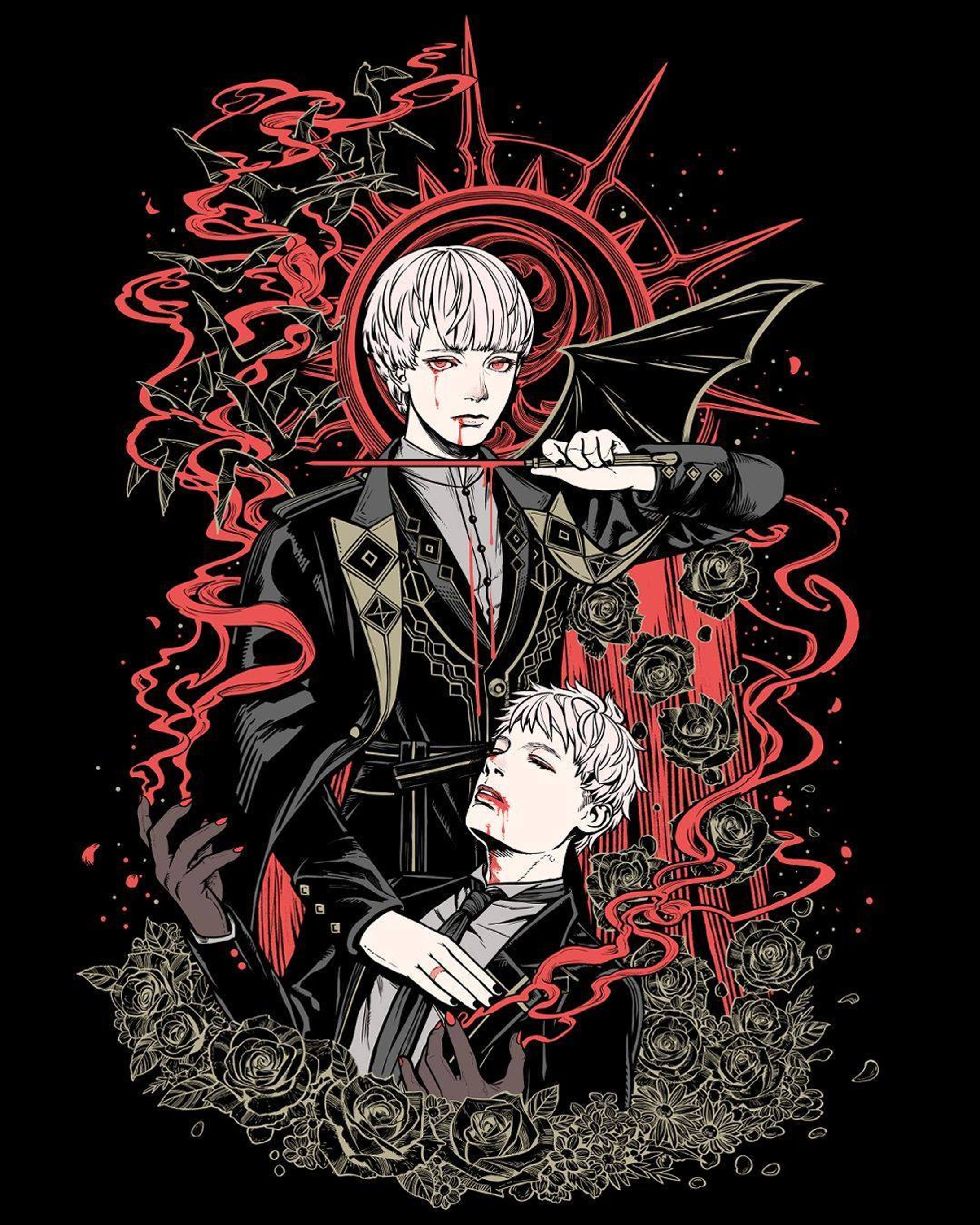 I'm alredy in 2023! this is my last drawing of 2022. I'm planing to make a personal art book with such illustrations in 2023!  I would like to pursue what I love more and more! I wish you new good encounters and pleasant experiences.

I can't use the word Happy because I am in mourning, but I would like to greet of new year. 

#illustration #CLIPSTUDIOPAINT #vampire #originalcharacter ＃BL ＃イラスト #オリジナルキャラ #bat #rose-1