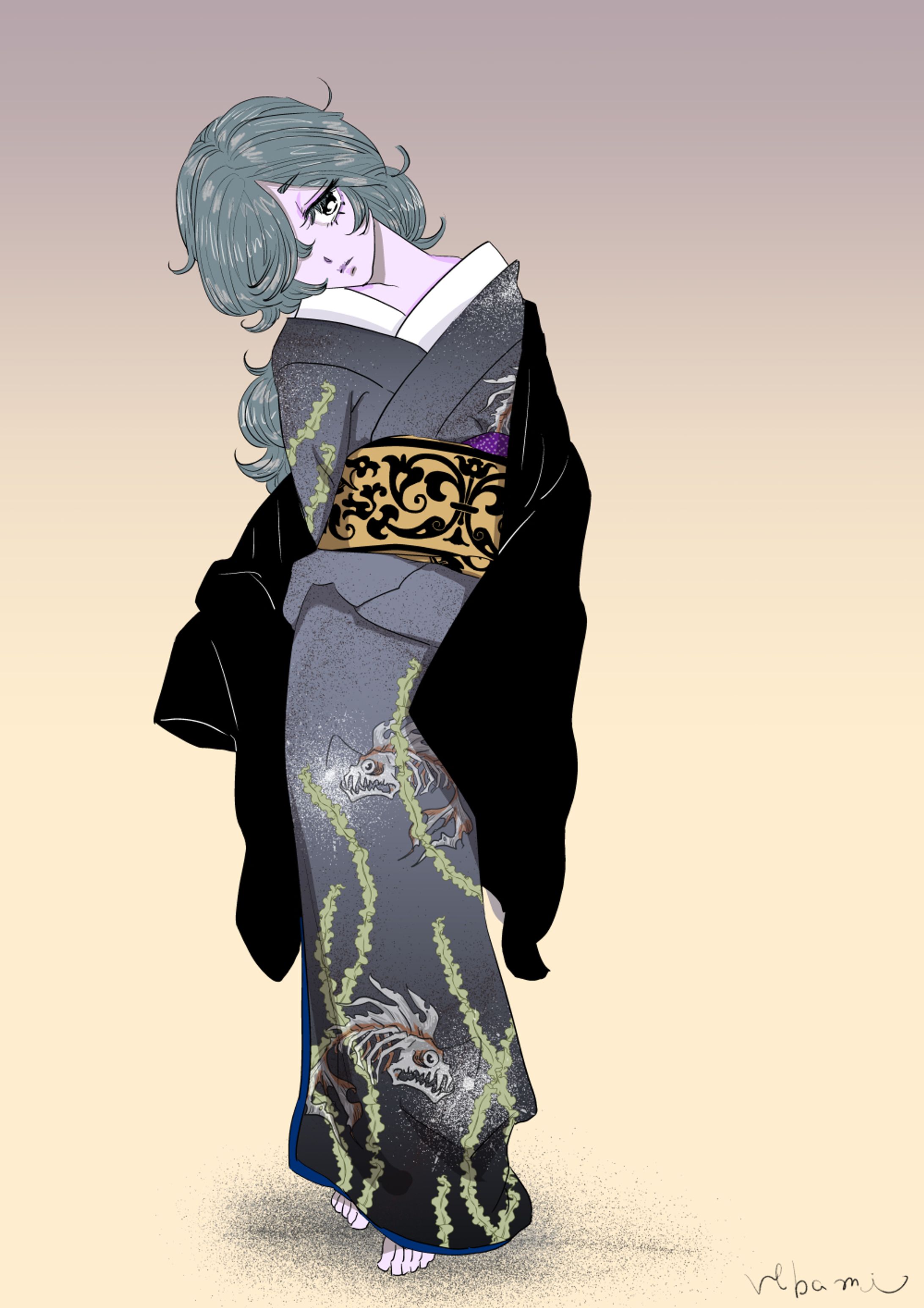 深海の魔女着物ガイコツ魚柄-1