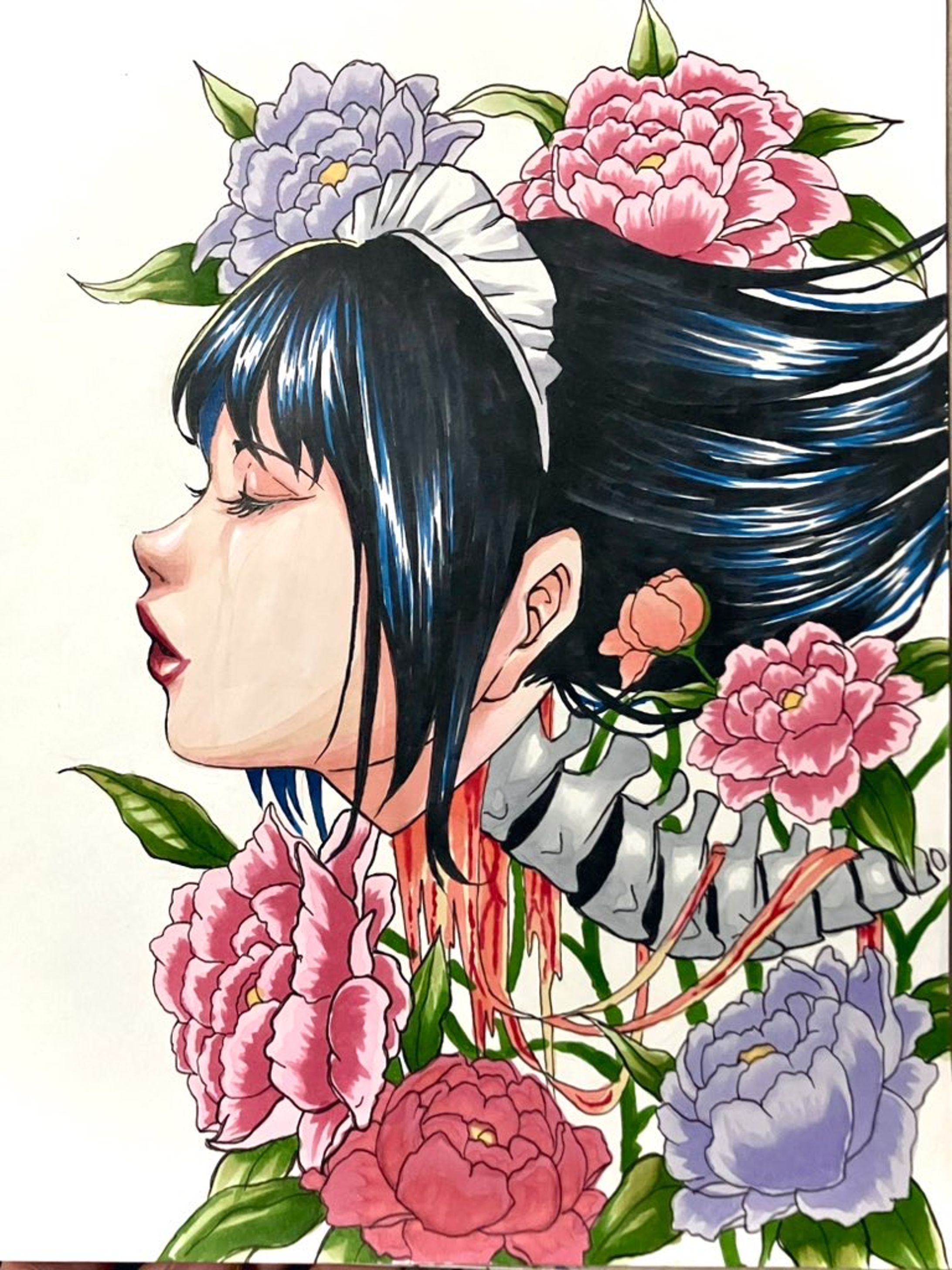 アナログ・コピックイラスト(女性と植物)-1