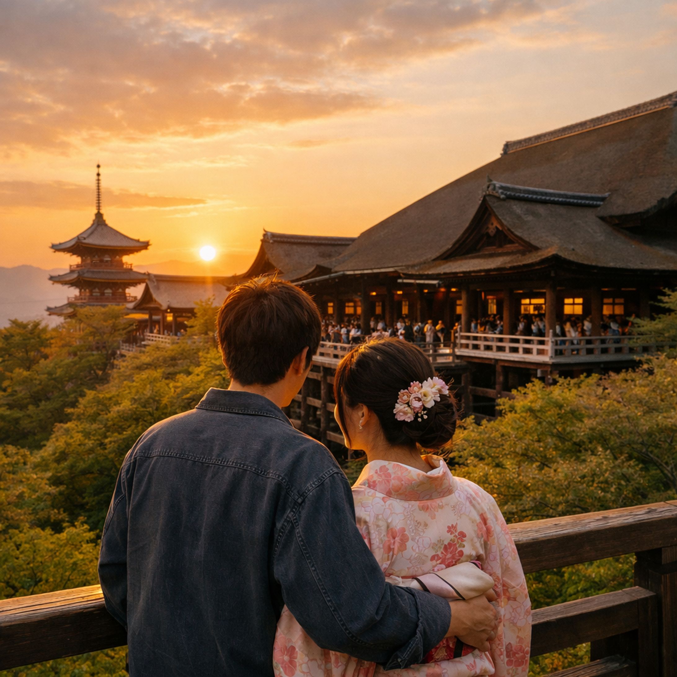 清水寺を眺める若い日本人カップルの画像-1