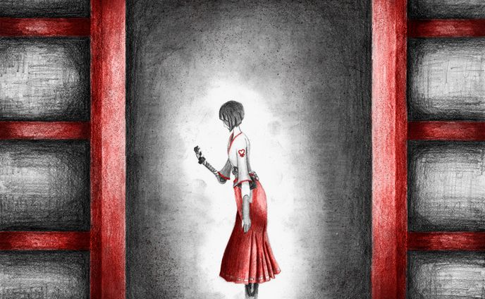 鉛筆イラスト【囚われの身、囚われの巫女】