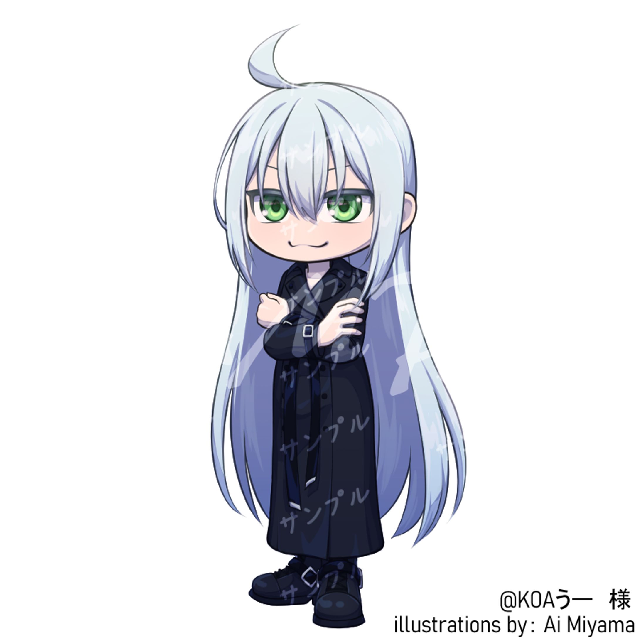 白髪黒コートの3頭身立ち絵-1