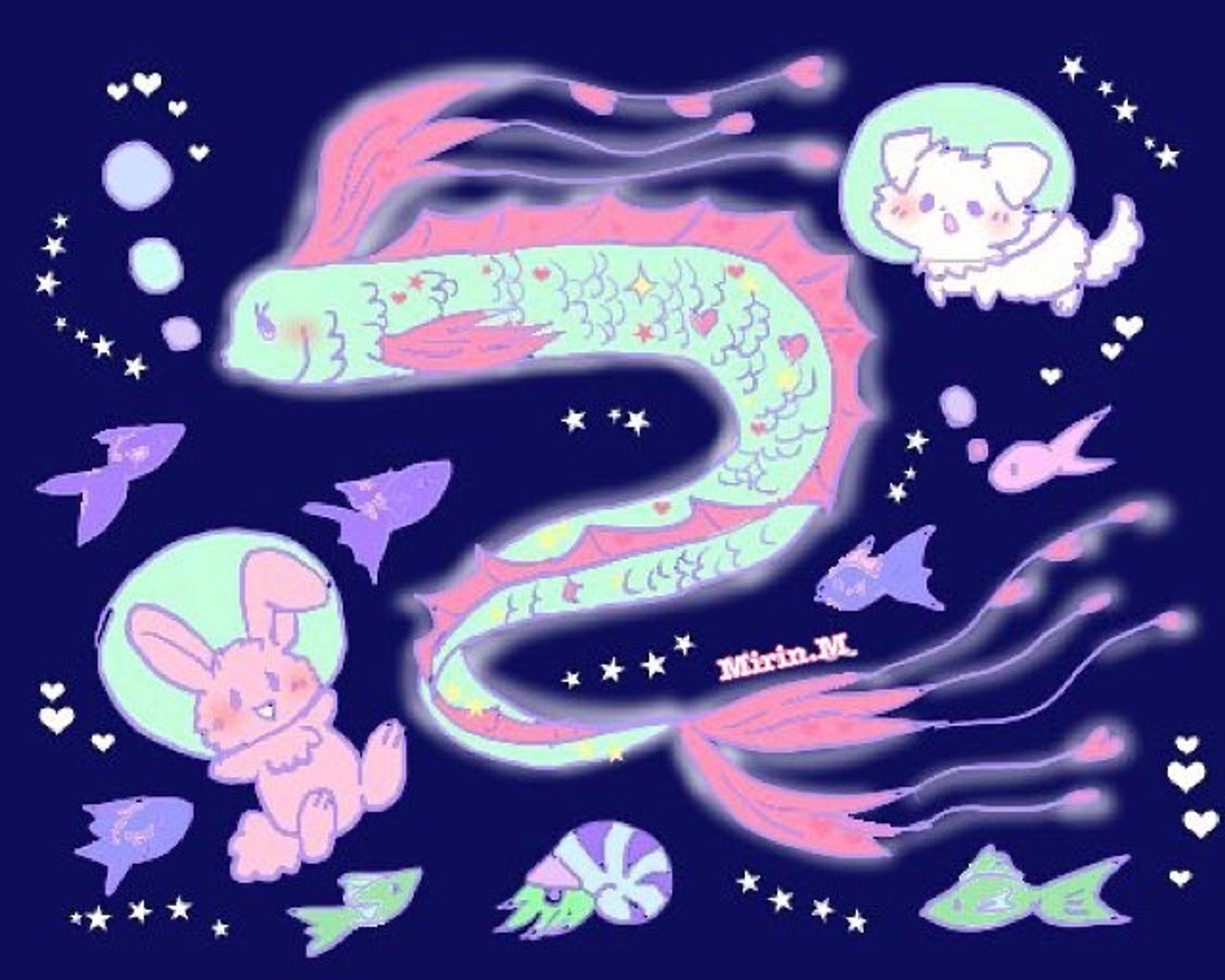 リュウグウノツカイに会いにきたうさぎと犬🐠💓
アレンジしてます🫧

#リュウグウノツカイ　#うさぎ　#マルチーズ　#regalecus glesne  #ribbonfish #king of the herring  #rabbit  #maltese #dog-1