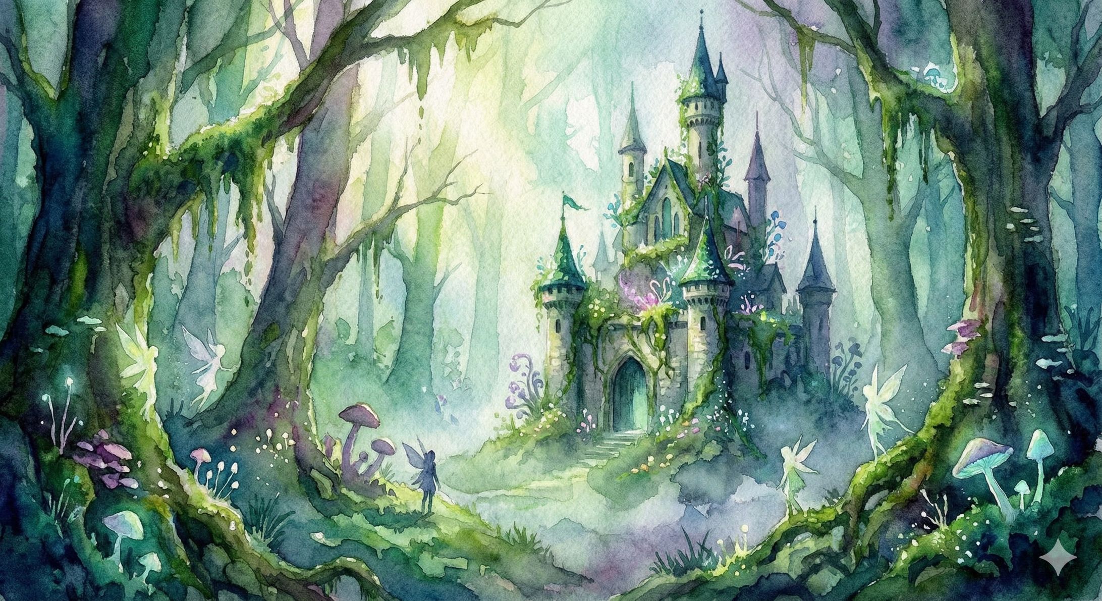幻想的な水彩画風の、森の中の古城-1