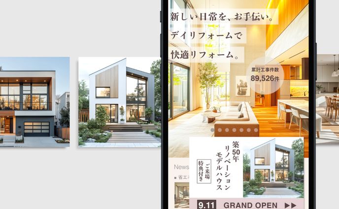 リフォーム会社『デイリフォーム』のHPのスマホFV＋モデルハウスオープンのバナー広告