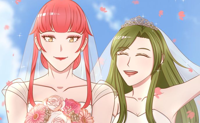 [bust up couple illustration with background] Anne and Heanna