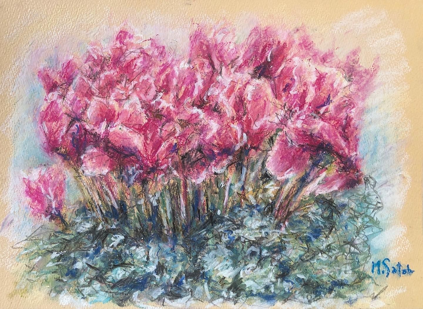花 アクリルオイルパステル画 サイズF4 インテリアアート