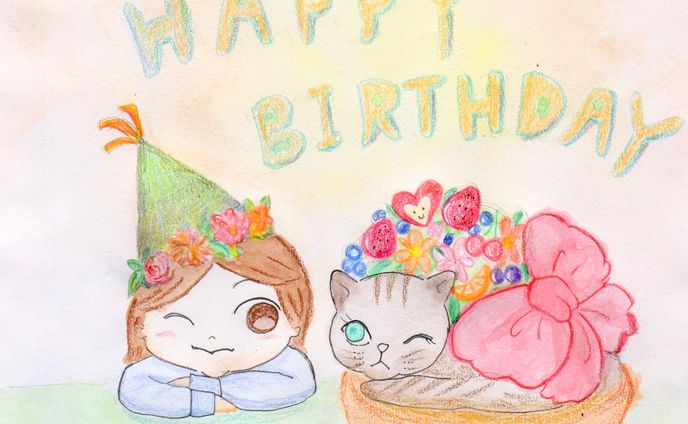 女の子とラッピングねこ🎂