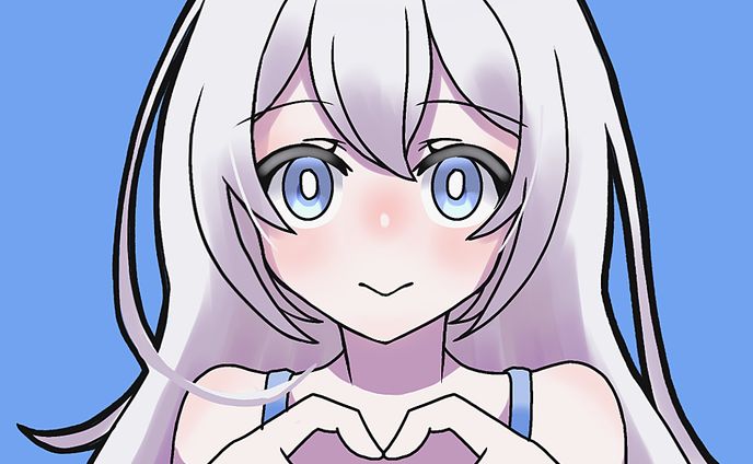 フリーアイコン　銀髪少女　青背景　指ハート