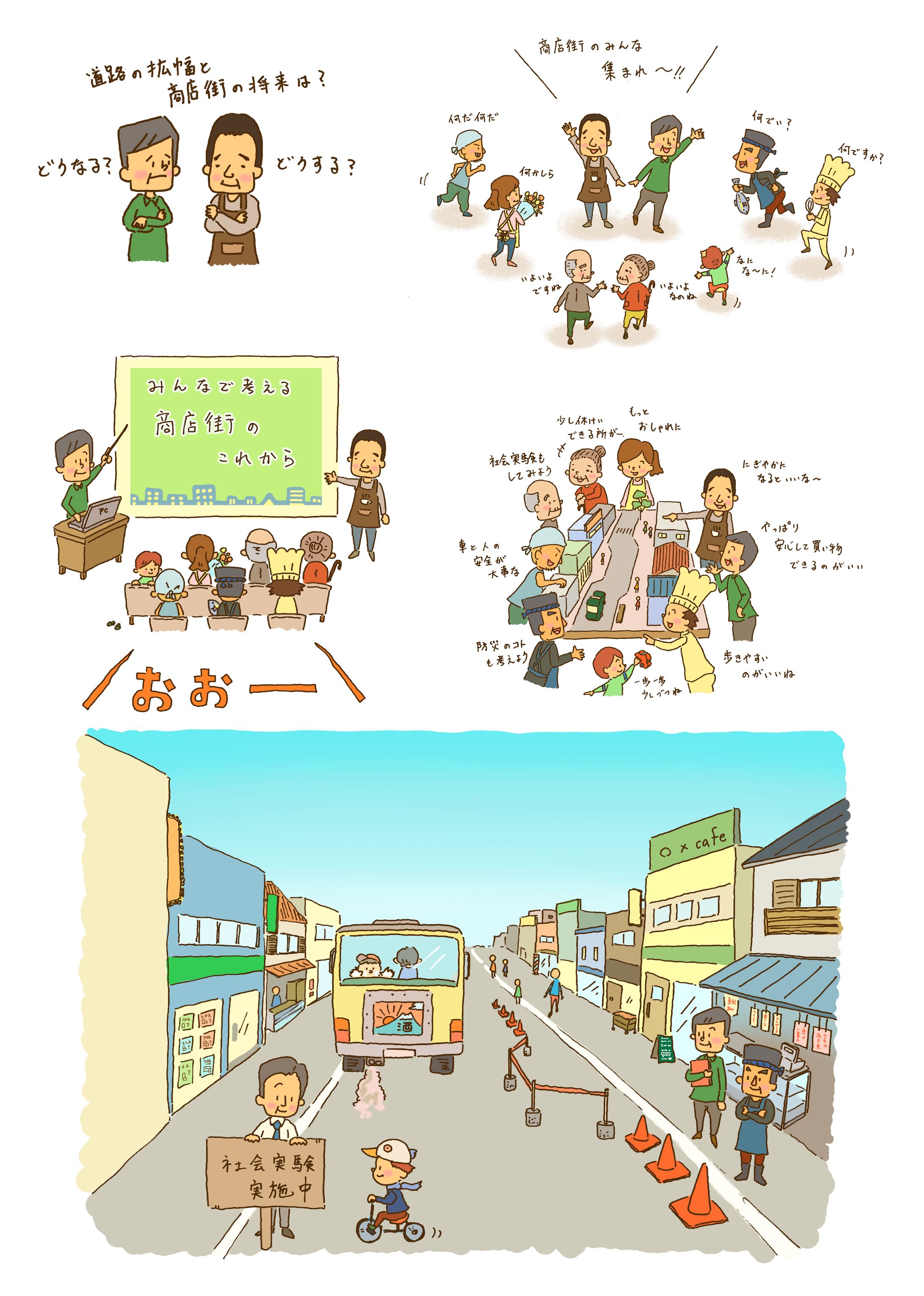 沼袋駅前バス通り商店街を考える会「活動紹介」イラスト-1