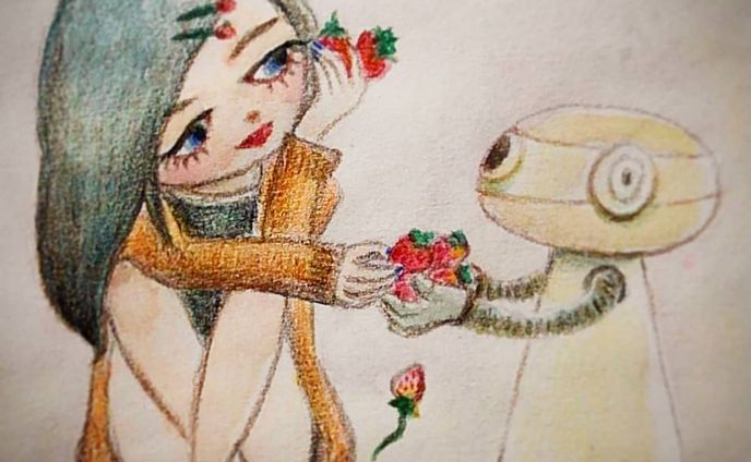 #昨日は #いちごの日
#いいいちごの日 
#語呂合わせ
#苺
#strawberry
◆
『アナタガ ダイスキナ イチゴヲ 　テニイレマシタ！オヒトツドウゾ！』
『そうなんだね。ありがとう。(食べきれないかも)』
◆
#女の子 #女の子イラスト
#ガールズイラスト
#半目女子
#加減知らず #優しい #ロボット
#お世話ロボット
#girl #robot
#お世話ロボットと女の子の妄想ストーリー ◆
#今日は何の日
#whatistoday
#drawing #art 
#illustration
#一日一絵
#一発描き
#ctrlzの効かない世界