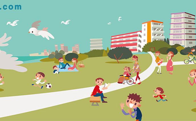 鳥がみた憩いの町（ワイド）。子育て、家族、育児、環境、暮らし、福祉、住宅、生活、公園。