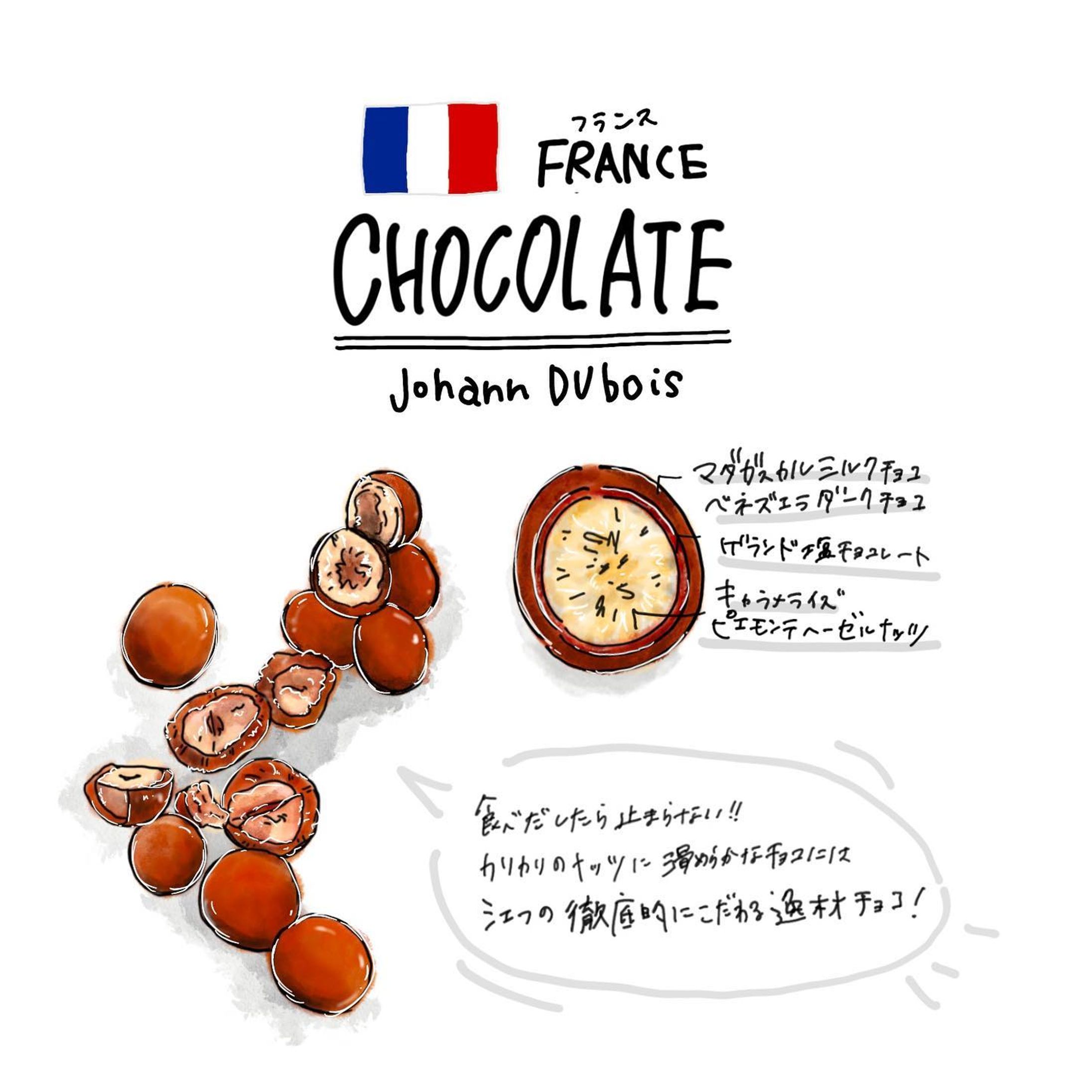 #チョコレート 
#フェリシモ 
#フェリシモチョコレートミュージアム
#chocolate 
#felissimo
#felissimochocolatemuseum
#フェリシモチョコレートミュージアム

@buyer_miri 
@felissimochocolatemuseum 

世界中を飛び回り、チョコレートバイヤーみりさんが見つけた
地元の人々に愛されているとびっきりのチョコレートたち！

第七段！
カリッカリッと食感がよく
やめられない、とまらない
ヘーゼルナッツチョコレート🍫🥜

#フランス 
ほんと〜に好きなので
たくさん紹介が入ってる事が
ものすごく嬉しい🥰

ナッツのチョコレートも
どハマりしてしまうんだよな🤤
手が止まらずパクパクッ！って

説明文をみてると、まん丸のチョコ内に
細かいパフォーマンスが組み込まれていて

美味しい！もう一つ、いや後二つ食べたい！

という思いに溢れるチョコレートでした🥳💓

食べた瞬間、ナッツの食感やチョコレートとの
相性をすごく大切にしてると感じました😍

他のラインナップにあった
ミルクチョコとヘーゼルナッツプラリネと
クリスピーシュガーが合わさったチョコレートが
めちゃくちゃに気になってます🤤

ナッツ好きの人はチェックしてみてください😳💓

お店の人からの反応がすごく嬉しくて、
日々感動しています🍫😍

「美味しい」と感じた事が
シェフの方々に届いたら嬉しいな💌

実は初めての毎日投稿！

テンプレートだけ決めて
後はその時感じた事とか、
カタログを参考にしてイメージ✍️

意外と続いて楽しい🥳
チョコレート投稿が終わったら
また旅行投稿に戻るかな😍

あと、フェリシモイベントで
日本のシェフたちのチョコレートや
その他の変わり種お菓子たちも紹介したい‥🤣💓

#france #johan #hazelnut #chocolate 
#beantobar #valentineday #whiteday #illustration #ヘーゼルナッツ #チョコレート #チョコレート好きな人と繋がりたい #甘いもの好きな人と繋がりたい #ご褒美 #バレンタインデー #ホワイトデー #幸福のチョコレート #旅行 #カカオ #お絵かき #イラスト #海外旅行 #プレゼント #フランス旅行-1