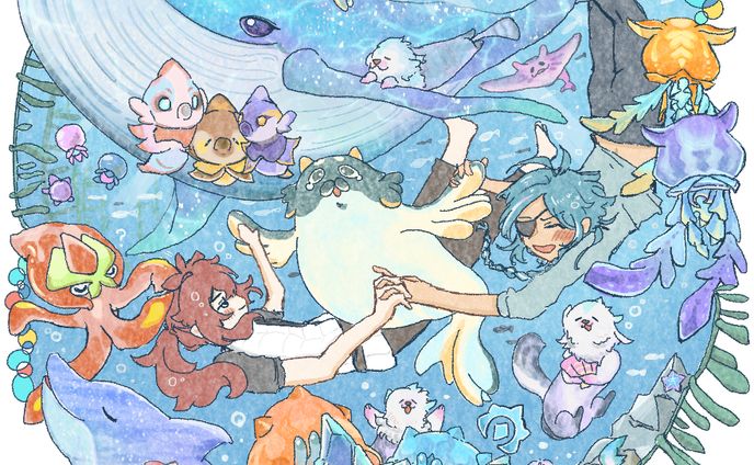 ぷかぷか海の生き物まみれ！：原神ファンアート