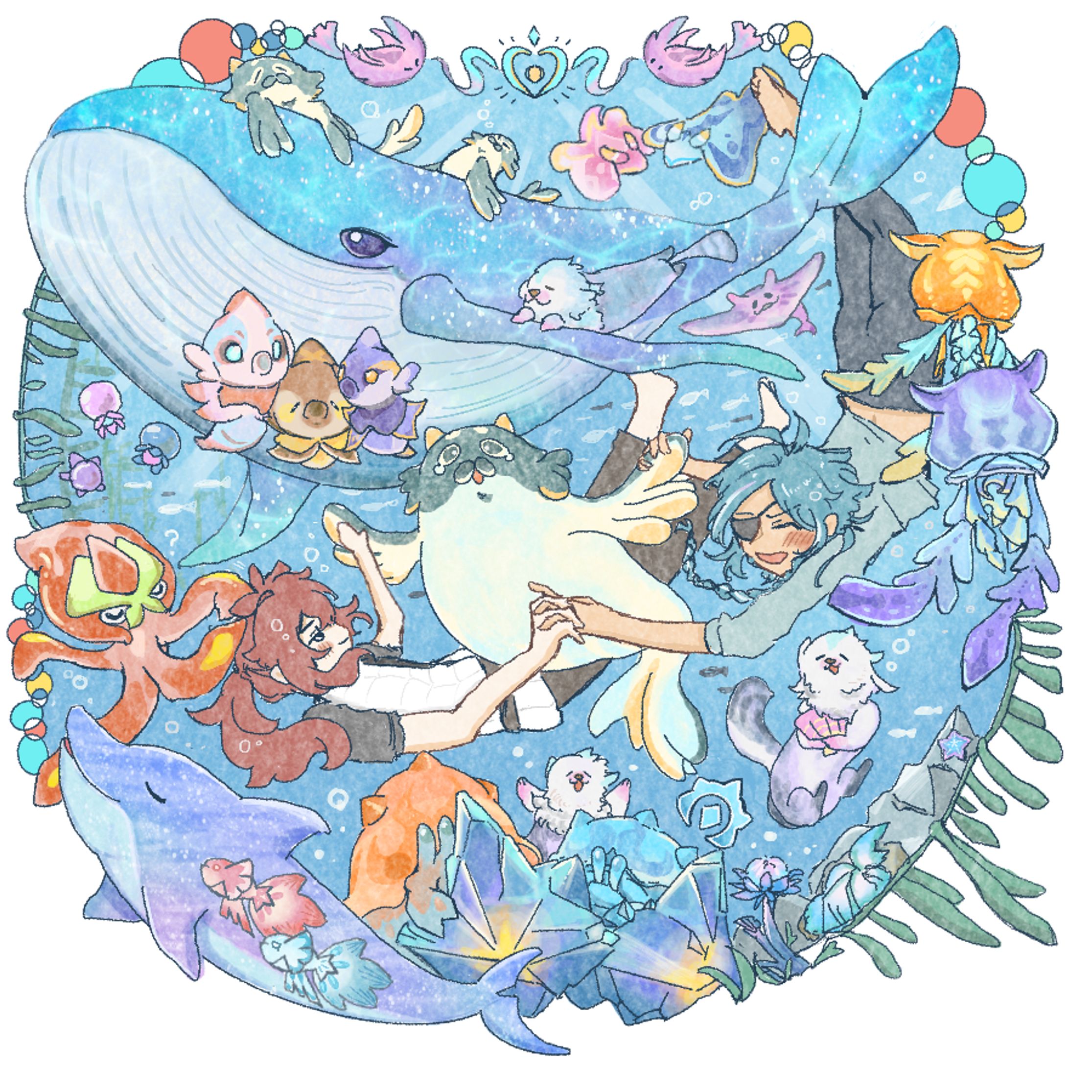 ぷかぷか海の生き物まみれ！：原神ファンアート-1