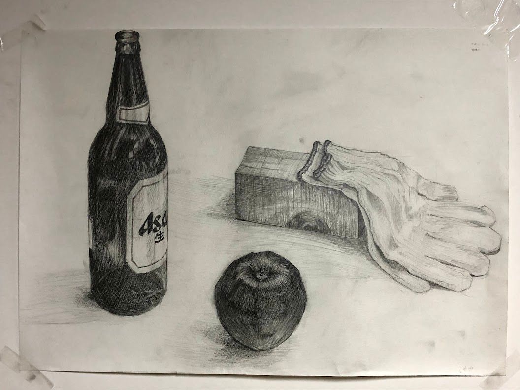 デッサン 静物画 ビン・リンゴ・木・軍手