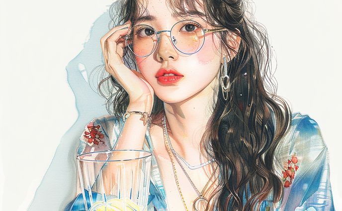 illustration_水彩_眼鏡の女性