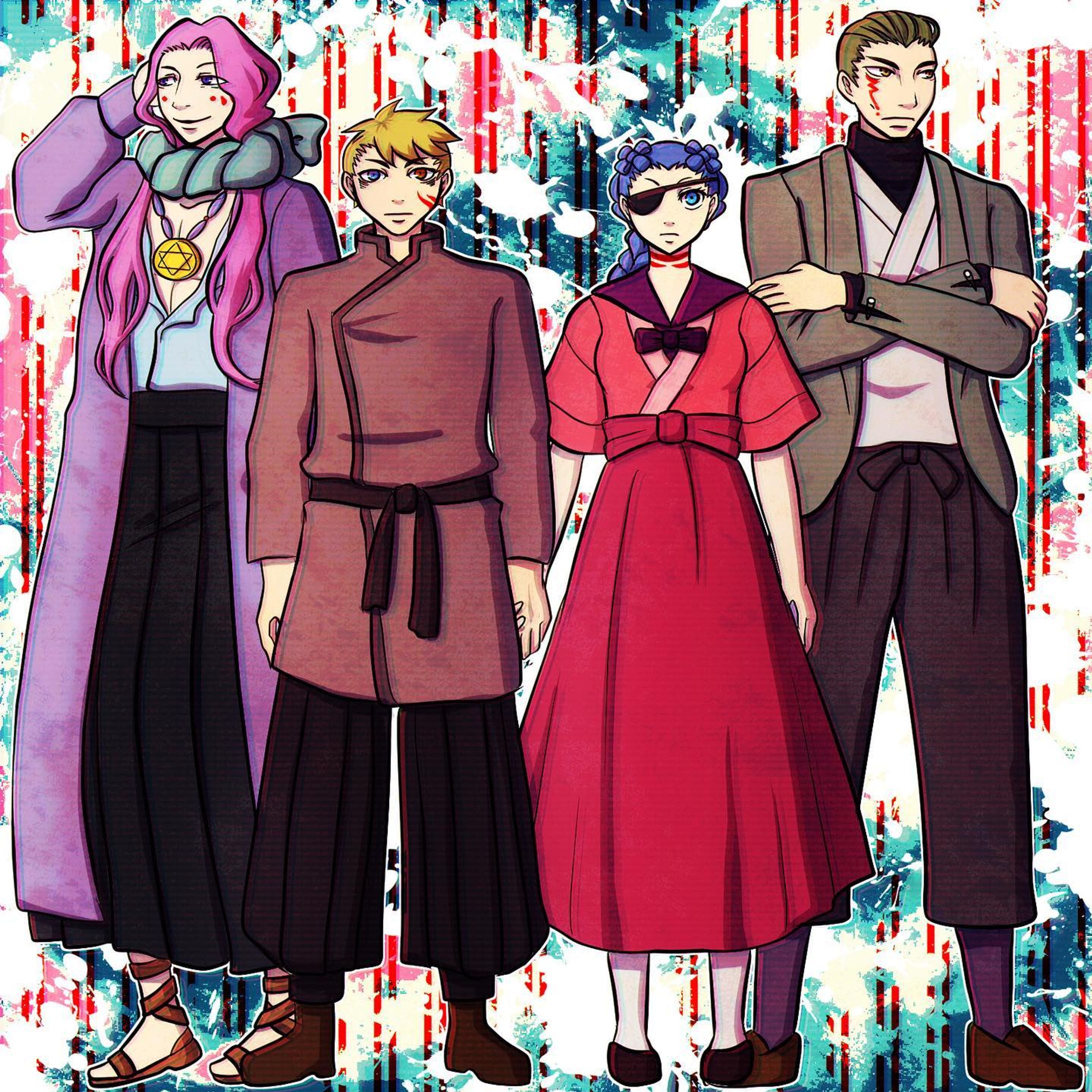main characters of "curse volley", Mufuji, Nagiku, Ribeni n Jigon⛓ ---------- 『curse volley』というお話に登場するメインキャラ4人です
左から順に、ムフジ、ナギク、リベ二、ジゴンという名前です
ムフジ君は妖艶な見た目ですが男性、ジゴン君はだいぶ年上に見えますがムフジさんと同い年、ナギク君はその一つ下で、やんちゃくれな一面も持ちますが根はクソ真面目、リベニちゃんはナギク君の更に一つ下で若いながらナギク君とは夫婦だったりします ＊
＊
＊

#mugenlogica #illust #illustrations #clipstudiopaint #character #characterart #characterillustration #characterdrawing #owncharacter #originalcharacter #myoriginalcharacter #digitaldrawings #digitalartworks #ipadart #ipaddrawings #イラスト #絵-1